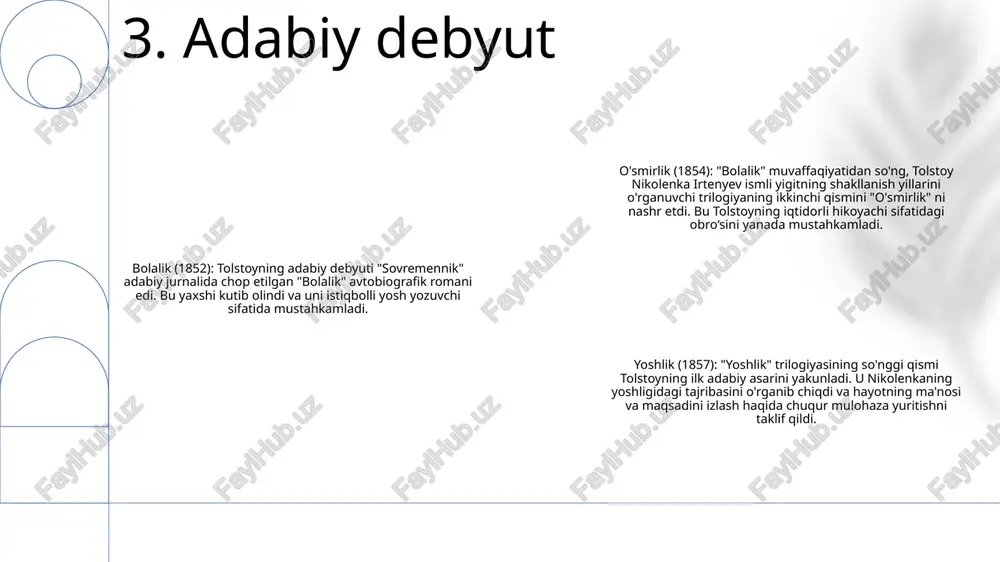 tiqodlar: o'zining keyingi yillarida tolstoy tobora ma'naviyatga ega bo'ldi va insoniyatning umuminsoniy birodarligi, pasifizm va zo'ravonlikni rad etishni ta'kidlaydigan noyob diniy falsafani rivojlantirdi. uning ushbu mavzulardagi asarlari ko‘plab ziyolilar va ma’naviyat izlovchilariga ta’sir ko‘rsatdi. adabiy meros: tolstoyning asarlari, xususan, "urush va tinchlik" va "anna karenina" rus adabiyotining durdonalari sanaladi va jahon adabiyotiga katta ta'sir ko'rsatdi 10. keyingi yillar va meros tolstoyning psixologik realizmi: tolstoy qahramonlarning ichki hayotini chuqur o‘rganish, ularning murakkabliklari va axloqiy ikkilanishlarini o‘zgacha ravshanlik va haqqoniylik bilan ochib berish orqali badiiy adabiyotda inqilob qildi. doston doirasi: tolstoyning romanlari avlodlarni qamrab olgan va son-sanoqsiz personajlarni o‘z ichiga olgan ulkan doston bo‘lib, tarixiy voqealarning ulug‘vorligini va insoniyat borlig‘ini o‘zida aks ettiradi. ijtimoiy va tarixiy sharh: tolstoy o'z asarlari orqali jamiyat institutlarini tanqid qildi, diniy mavzularni o'rgandi va rossiya tarixining murakkabliklarini sharhladi, rossiyada va undan tashqarida siyosiy va intellektual nutqqa ta'sir ko'rsatdi. 11. rus adabiyotiga ta'siri e'tiboringiz uchun rahmat @taqdimot_robot image1.png …