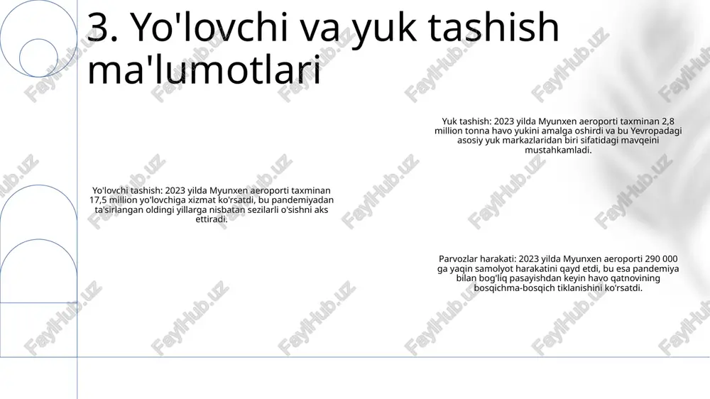 atda turish vaqtini qisqartiruvchi va samaradorlikni oshiruvchi avtomatlashtirilgan pasport nazorati kiosklari joriy etildi. aqlli binolarni boshqarish: aeroport energiya sarfini optimallashtiradigan, yoritishni boshqaradigan va isitish va sovutish tizimlarini boshqaradigan aqlli binolarni boshqarish tizimidan foydalanadi, bu esa barqarorlikni oshiradi va operatsion xarajatlarni kamaytiradi. 9. innovatsiyalar va texnologiya yutuqlari global ulanish markazi: myunxen aeroporti butun dunyo bo'ylab 260 dan ortiq yo'nalishlarga xizmat ko'rsatadi va bu uni xalqaro sayohat va savdo uchun asosiy darvozaga aylantiradi. turizm katalizatori: aeroport myunxen mintaqasi va germaniya uchun turizmning muhim haydovchisi bo'lib, butun dunyodan tashrif buyuruvchilarni jalb qiladi. iqtisodiy vosita: aeroport to'g'ridan-to'g'ri va bilvosita 350 000 dan ortiq ish joylarini qo'llab-quvvatlaydi va mahalliy va milliy iqtisodiyotga sezilarli hissa qo'shadi. 10. global aviatsiya va turizmdagi roli e'tiboringiz uchun rahmat @taqdimot_robot image1.png /docprops/thumbnail.jpeg