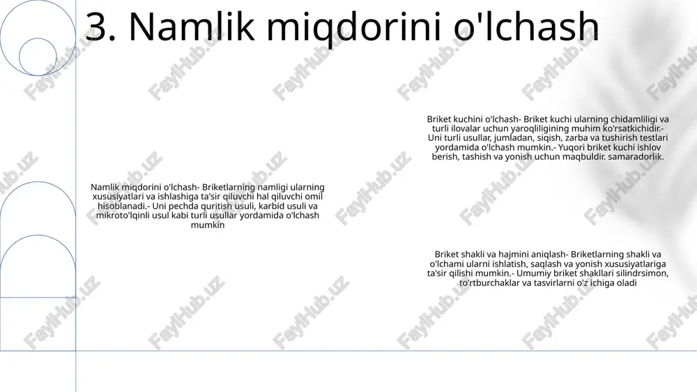 va sanoat standartlariga rioya qilishni ta'minlaydi, tashkilotni qonuniy jazolardan va obro'siga putur etkazishdan himoya qiladi. sertifikatlash mahsulot yoki xizmatning muayyan talablarga javob berishini mustaqil tekshirish, mijozlarga sifat va xavfsizlik kafolati. briketni chinligi va sifatini aniqlashuzbek "briketning mustahkamligi va sifatini aniqlash" uchun, briketlar mustahkamlik, chidamlilik va boshqa ishlash ko'rsatkichlari bo'yicha sanoat spetsifikatsiyalariga javob berishini ta'minlash uchun sinov va tahlillarni o'z ichiga oladi. 9. normativ hujjatlarga muvofiqlik va sertifikatlash e'tiboringiz uchun rahmat @taqdimot_robot image1.png /docprops/thumbnail.jpeg