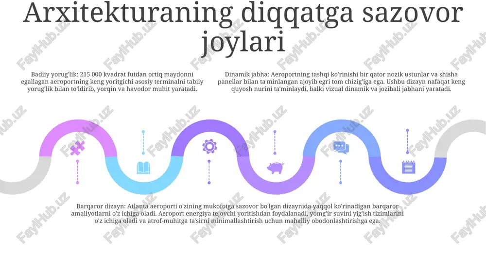 atlanta xalqaro aeroporti (atl) eng ekologik toza terminallardan biri, maynard x. jekson xalqaro terminali bilan faxrlanadi. terminalda energiya tejamkor yoritish, kam oqimli moslamalar va yomg'ir suvini yig'ish tizimlari mavjud. yashil tashabbuslar: atl turli tashabbuslar orqali atrof-muhitning izlarini kamaytirishga intiladi. bularga quyosh panellarini o'rnatish, elektr transport vositalaridan foydalanish va har yili minglab tonna chiqindilarni poligonlardan chiqarib yuboradigan keng qamrovli qayta ishlash dasturi kiradi. leed sertifikati: aeroportning barqarorlikka sodiqligi bir nechta leed (energiya va atrof-muhitni loyihalashda etakchilik) sertifikatlari bilan tan olingan e'tiboringiz uchun rahmat @taqdimot_robot image11.jpg image3.jpg image2.jpg /docprops/thumbnail.jpeg