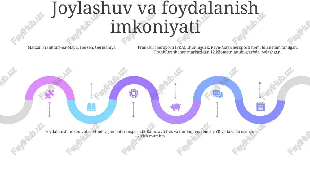 roporti yo'lovchilar xavfsizligini ta'minlash uchun ilg'or xavfsizlik choralarini qo'llaydi. bularga bagajni qattiq tekshirish, tana skanerlari va hidlovchi itlar kiradi. xavfsizlik guruhi: professional xavfsizlik guruhi tartibni saqlash, hodisalarning oldini olish va favqulodda vaziyatlarda yordam ko'rsatish uchun aeroportni 24/7 kuzatib boradi. xavfsizlik qoidalari: aeroport qat'iy xavfsizlik qoidalariga, jumladan yong'inning oldini olish tizimlari, favqulodda vaziyatlarga javob berish rejalari va tibbiy yordamga rioya qiladi. aeroportga va aeroportdan transport add text add text add text add text add text add text avtomobilni ijaraga olish:- aeroport terminallarida joylashgan avtoulovlarni ijaraga beruvchi kompaniyalardan birida mashina ijaraga oling. bu sizga atrofdagi hududlarni o'z tezligingiz bilan o'rganish uchun moslashuvchanlikni beradi. jamoat transporti: - s8 yoki s9 s-bahn poezdida frankfurt hauptbahnhof (asosiy stantsiya) ga boring, so'ngra u8 yoki u9 metro liniyasiga frankfurt aeroportiga o'ting. sayohat taxminan 30-40 daqiqa davom etadi. taksi: - taksilar aeroport terminallaridan tashqarida mavjud. shahar markaziga yo'l haqi tirbandlikka qarab taxminan 30-50 evro. sayohat vaqti 20 dan …