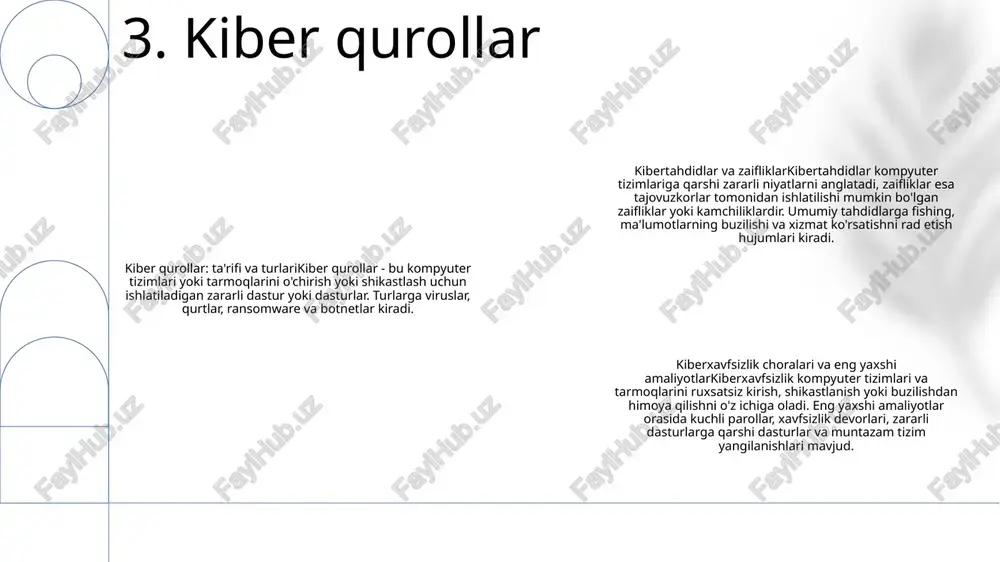 lari yopiq joylarda yoki yer osti boshpanalarida yashiringan nishonlar uchun juda samarali. odamlar portlovchi to'lqindan emas, balki to'satdan past bosimdan cho'kib ketishi mumkin. 3. xalqaro munozara: termobar qurollaridan foydalanish munozarali. ba'zi davlatlar ularni qonuniy qurol deb hisoblasa, boshqalari ularni g'ayriinsoniy sifatida qoralaydi. xalqaro huquq ulardan foydalanishni aniq taqiqlamaydi, lekin ular harbiy nishonlarga nisbatan mutanosib ravishda qo'llanilishi haqida umumiy kelishuv mavjud. 8. termobarik qurollar bioengineered weapons: gen editing advancements - genetika muhandisligi organizmlarni modifikatsiyalash, jumladan, biologik agentlarni qurollantirish imkonini beradi.- crispr-cas9 texnologiyasi genetik tahrirlashda inqilob qildi va undan mumkin bo'lgan noto'g'ri foydalanish xavotirlarini oshirdi. biomuhandislik qurollarini aniqlash va ularga qarshi kurashishdagi qiyinchiliklar - biomuhandislik qurollari yashirin tabiati tufayli ularni aniqlash qiyin bo'lishi mumkin.- biotexnologiyadagi jadal taraqqiyot uni paydo bo'layotgan tahdidlarga hamqadam bo'lishni qiyinlashtiradi. biomuhandislik qurollarini yumshatish bo'yicha xalqaro sa'y-harakatlar - biologik qurollar bo'yicha konventsiya bioqurollarni ishlab chiqish va ulardan foydalanishni taqiqlaydi. - jahon sog'liqni saqlash tashkiloti kabi xalqaro tashkilotlar kuzatuv va …