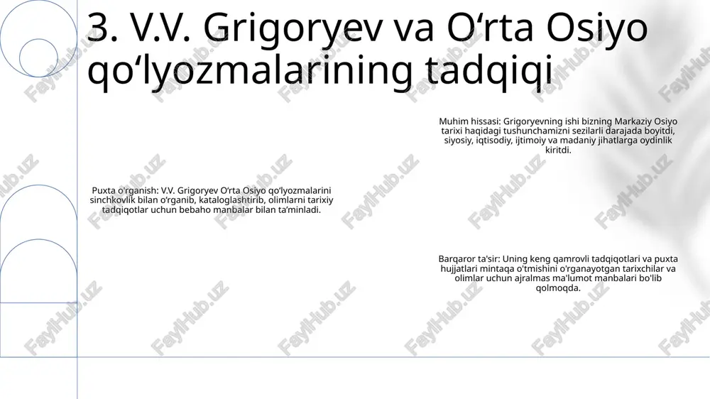 xitoy adabiyoti haqida to‘liq ma’lumot berib, keyingi tadqiqot va tushunishni osonlashtirdi. 3. rus olimlarining hamkorligi: bretshnayder ishi oʻrta osiyo tarixi, etnografiyasi va arxeologiyasini oʻrganishga qimmatli hissa qoʻshgan rus olimlari oʻrtasida hamkorlikda olib boriladigan tadqiqotlar uchun asos boʻlib xizmat qildi. 9. e.v. bretshnayder va xitoy-markaziy osiyo tadqiqotlari to'plami grigoriy nikolaevich potanin (1835-1920) o'rta osiyo tub aholisining e'tiqodlari va urf-odatlari tadqiqot ekspeditsiyalari va etnografiya sohasiga qo‘shgan hissalari 10. g.n. potanin va markaziy osiyo antropologik tadqiqotlari e'tiboringiz uchun rahmat @taqdimot_robot image1.png /docprops/thumbnail.jpeg