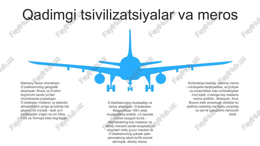 oiy taraqqiyotni rag‘batlantirishda katta rol o‘ynadi. 1. milliy uygʻonish: 19-asr oxiri — 20-asr boshlarida rus imperializmi, madaniy tiklanish, jadidchilik harakati kabi omillar taʼsirida oʻzbeklarda milliy ong yuksalib ketdi. 3. mustaqillik harakati: 1980-yillarning oxirlarida sovet ittifoqining parchalanishi o‘zbekistonda milliy intilishlarning qayta tiklanishiga olib keldi. 1991-yil 31-avgustda o‘zbekiston respublikasining tug‘ilgan kuni munosabati bilan o‘zbekiston ssr mustaqilligini e’lon qildi mustaqillik deklaratsiyasi va respublikaning tashkil topishi tashkil etilgan respublika: oʻzbekiston mustaqilligini eʼlon qilib, 1991-yil 1-sentabrda oʻzbekiston respublikasini tuzib, suveren va mustaqil davlatga aylandi. tarixiy ahamiyati: mustaqillik deklaratsiyasi va respublikaning tashkil topishi o‘zbekistonning siyosiy va iqtisodiy yo‘lida burilish davri bo‘lib, o‘zini o‘zi boshqarish va iqtisodiy islohotlarga yo‘l ochdi. mustaqillik e’lon qilindi: 1991-yil 31-avgustda o‘zbekiston sovet ittifoqidan chiqib, o‘z mustaqilligini e’lon qilib, o‘z tarixida muhim voqea bo‘ldi. mustaqillikdan keyingi muammolar va islohotlar mustaqillikdan keyingi iqtisodiy islohotlar: o‘zbekistonda markazlashtirilgan rejali iqtisodiyotdan o‘tish uchun bozor islohotlari, jumladan, xususiylashtirish, valyuta kursini liberallashtirish va xorijiy investitsiyalarni rag‘batlantirish amalga oshirildi. davlat …