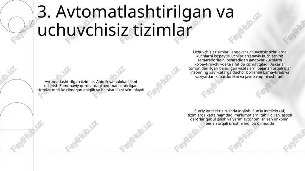 i. 7. gipersonik raketalar qurol-yarog 'va zamonaviy urush: "kichik qurollar va piyodalar qurollari" turli xil o'qotar qurollar va piyodalar qurollarining rivojlanishi va xususiyatlari bo'yicha keng qamrovli bilimlarni beradi. “zamonaviy qurolsozlik haqida”: kitobda o‘qotar qurollar tarixi, o‘q-dorilar, qurol dizayni va ularning zamonaviy urushlarga ta’siri kabi keng ko‘lamli mavzular yoritilgan. olovli kuchlar evolyutsiyasi: "kichik qurollar va piyodalar qurollari" texnologiya va taktikadagi yutuqlarni ta'kidlab, o'q otish kuchining evolyutsiyasini o'rganadi, dastlabki mushketlardan tortib zamonaviy avtomatlargacha. 8. kichik qurollar va piyodalar qurollari ta'rifga qarshi uchuvchisiz uchish apparatlari (c-uavs) ruxsatsiz yoki dushman uchuvchisiz uchuvchisiz havo vositalarini zararsizlantirish yoki o'chirish uchun mo'ljallangan tizimlardir. ular tahdidlarni aniqlash, kuzatish va ularga qarshi kurashish uchun radar, elektron urush va jismoniy tutib olish kabi qator texnologiyalardan foydalanadilar. importancec-uavlar muhim infratuzilmani, harbiy aktivlarni va tinch aholini uchuvchisiz samolyotlar tomonidan yuzaga kelishi mumkin bo'lgan xavflardan himoya qilishda hal qiluvchi rol o'ynaydi. ruxsatsiz yoki dushman uchuvchisiz samolyotlarni zararsizlantirish orqali c-uavlar josuslik, sabotaj va terrorizm …