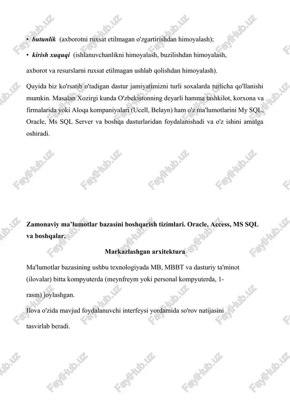 lalar murakkabligining oshishi, shaxsiy kompyuterlar va lokal xisoblash tarmoqlarining paydo bo'lishi yangi «fayl-server» arxitekturani paydo bo’lishiga zamin yaratdi. tarmoq orqali murojat qilish mumkin bo'lgan ma'lumotlar bazasining ushbu arxitekturasida tarmoqdagi bitta kompyuter server sifatida ajratilgan va unda ma'lumotlar bazasining fayllari joylashtirilgan. foydalanuvchilarning so'roviga mos xolda fayllar fayl-serverdan foydalanuvchilarning ishchi stansiyalariga uzatilgan va u erda ma'lumotlarni qayta ishlash bilan bog'liq asosiy ishlar bajarilgan. bunda markaziy server ma'lumotlarni qayta ishlashda qatnashmasdan faqat fayllarni saqlovchi vazifasini bajargan. mijoz kompyuterlari 2-rasm. arxitektura «fayl-server» bu texnologiyani ishlash tartibi quyidagicha: ma'lumotlar bazasi fayllar to'plami shaklida maxsus ajratilgan kompyuterning (fayl server) qattiq diskida joylashgan. lokal tarmoq mavjud bo'lib, undagi har bir mijoz kompyuterida mbbt va mb bilan ishlash uchun dastur o'rnatilgan. har bir mijoz kompyuterda foydalanuvchilar dasturni ishga tushirish imkoniga ega bo'lgan. ular dasturdagi foydalanuvchi interfeysi yordamida ma'lumotlar bazasidagi ma'lumotlarni o'qish/yangilash uchun so'rovlrni amalga oshirgan. mb bo'lgan barcha so'rovlar mbbt orqali amalga oshgan va mbbt o'zida fayl serverda …