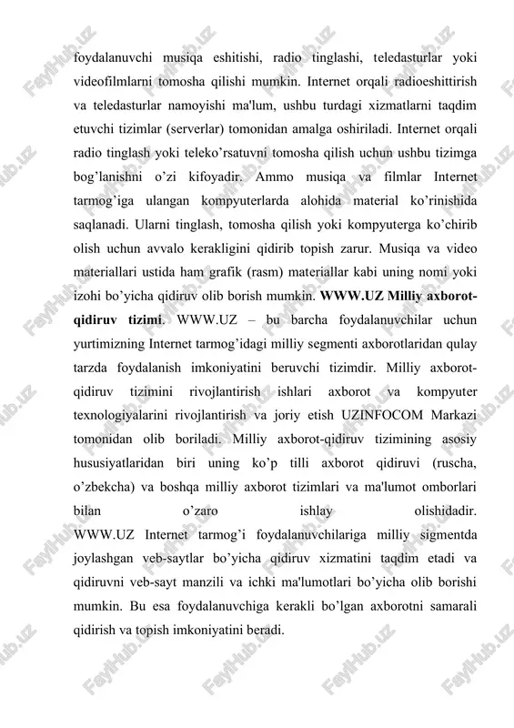 kerakli bo’lgan axborotni samarali qidirish va topish imkoniyatini beradi. xulosa · 1.ma’lumotlarni qayta ishlashda va ma’lumotlarni ma’lumotlar bazasiga joylashtirishda qo’llaniladi. · 2. bu masalalar bilan malumotlarni intelletual tahlil qilish (data mining) shug’ullanadi. · 3. internetning rivojlanish kontseptsiyasi: har bir hujjatga semantik to’r deb ataluvchi xml formatidagi meta ma’lumotli fayl biriktiriladi va juda istiqbolli hisoblanadi. lekin bu hujjatning o’zini almashtirish (o’zgartirish) emasligini e’tiborga olish kerak. foydalanilgan manbalar: · 1. baeza-yates r., ribeiro-neto b. modern information retrieval. — addison-wesley, 1999. — isbn 0-201-39829-x. · 2. manning c., raghavan p., schütze h. introduction to information retrieval. — cambridge university press, 2008. — isbn 0-521-86571-9. · 3. manning k., ragxavan p., shyuttse x. vvedenie v informatsionniy poisk. — vilyams, 2011. — isbn 978-5-8459-1623-5. · 4. lande d. v., snarskiy a. a., bezsudnov i. v. internetika: navigatsiya v slojnix setyax: modeli i algoritmi. — m.: librokom (editorial urss), 2009. — 264 s. — isbn 978-5-397-00497-8.
