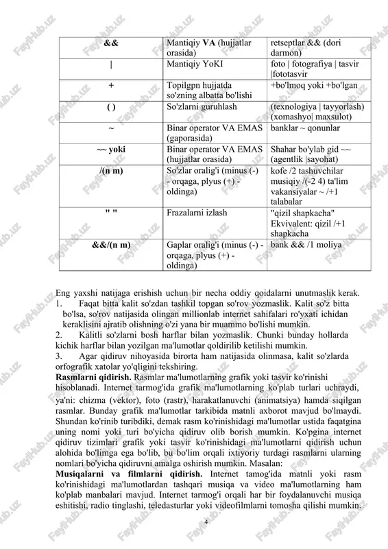 (ingl. jerry yang) lar tomonida 1994 yilning yanvar oyida asos solingan. 1995 yil 2 martda u korporatsiyaga aylandi. kompaniyaning bosh ofisi aqsh kaliforniya shtatidigi sanniveyl (ingl. sunnyvale) shahrida joylashgan. qidiruv tizimlarining so'rovlar tili so'rovlar tili yordamida ma'lum bir qoidalar orqali formallashtirilgan kalitli so'zlar guruhi qidiruv serverlariga so'rovlar deb ataladi. so'rovlar tili turli qidiruv serverlaridi bir-biriga juda yaqin bo'ladi. yandeks qidiruv tizimi misolida so'rovlarni tashkillashtirish qoidalari bilan tanishamiz. operator sintaksisi operator ma'nosi so'rovga misol probel yoki & mantiqiy va (gap orasida) davolovchi mashqlar && mantiqiy va (hujjatlar orasida) retseptlar && (dori darmon) | mantiqiy yoki foto | fotografiya | tasvir |fototasvir + topilgpn hujjatda so'zning albatta bo'lishi +bo'lmoq yoki +bo'lgan ( ) so'zlarni guruhlash (texnologiya | tayyorlash) (xomashyo| maxsulot) ~ binar operator va emas (gaporasida) banklar ~ qonunlar ~~ yoki binar operator va emas (hujjatlar orasida) shahar bo'ylab gid ~~ (agentlik |sayohat) /(n m) so'zlar oralig'i (minus (-) - orqaga, plyus …