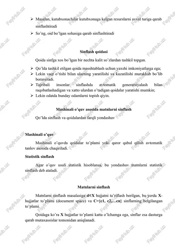 jatlarning d (training set) o’quv to’plam berilgan, bu yerda x masalan, quyidagi juftlik = o’quv to’plamga tegishli. bu yerda d-shanxay hamkorlik tashkiloti bir gapdan tashkil topgan hujjat, c esa – o’zbekiston sinfi. matnlarni sinflashdan maqsad – matnli yoki yangi ma’lumotlarda yuqori aniqlikni ta’minlash. o’qitish usuli o’qitish usuli (learning method), yoki o’qish algoritmidan (learning algorithm) foydalangan holda hujjatlarni sinflashni aks ettiradigan sinflash funksiyasi yoki sinflovchini olamiz. ɣ:x→c bu usul nazorat bilan o’qish (supervised learning) deb ataladi, chunki kontroler (sinflarni aniqlovchi va o’quv hujjatlarni tayyorlovchi) o’qish jarayonini boshqaruvchi o’qituvchi rolini o’ynaydi. o’qituvchi bilan o’qish usulini g harfi bilan belgilaymiz va g(d)=ɣ deb yozamiz. g o’qish usuli kirishiga d to’plamni oladi va ɣ sinflash funksiyasini qaytaradi. ɣ sinflovchi va g o’qitish usulini ko’pincha ajratishmaydi. xulosa matnlarni sinflashdan maqsad – matnli yoki yangi ma’lumotlarda yuqori aniqlikni ta’minlash, masalan, erta oladigan tejamkor texnikalar haqida xabarlar. ma’lumotlarni qidirish, yuborish va qabul qilishda tezkorlikka erishish. foydalanilgan adabiyotlar …