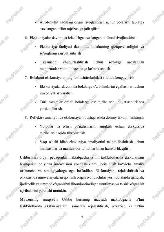 rsiyalarni rejalashtirish va amalga oshirishga qanday kiritishni o'rganadilar, buning asosiy maqsadi bolalarning ta'lim tajribasini oshirish va har tomonlama rivojlanishini ta'minlaydi. ijodkorlik, hamkorlik va moslashuvchanlikni ta'kidlab, o'qituvchilar yosh o'quvchilarning turli ehtiyojlari va qiziqishlarini qondiradigan, qiziqish va izlanishni rag'batlantiradigan va umrbod ta'lim ko'nikmalarini rag'batlantiradigan ekskursiyalar yaratish vakolatiga ega bo'ladilar. kurs, shuningdek, maktabgacha ta'lim muassasalarida qiziqarli va ta'sirli ekskursiyalarni loyihalash va osonlashtirish uchun o'qituvchilarga keng qamrovli vositalar to'plamini taqdim etuvchi ekskursiyalarni boshqarishda texnologiya, atrof-muhit ongini, so'rovga asoslangan o'rganish va reflektiv amaliyotning rolini o'rganadi. oxir oqibat, ushbu fanning maqsadi o'qituvchilarni bilim, ko'nikma va ishonch bilan qurollantirishdan iborat bo'lib, ular ekskursiyalarning kuchli o'quv tajribasi sifatida foydalanish imkoniyatlarini sinf doirasidan tashqariga chiqadi va bolalarning ta'lim sayohatini boyitadi. o‘zbekiston respublikasi vazirlar mahkamasining qarori maktabgacha ta’lim sohasiga innovatsion yondashuvlarni joriy etish loyihalarini amalga oshirish uchun eksperimental maydonchalarni tashkil etish chora-tadbirlari to‘g‘risida maktabgacha ta’lim tizimiga ilg‘or xorijiy tajriba joriy etilishini ta’minlash, maktabgacha ta’lim sohasida eng yangi metodikalarni moslashtirish va …