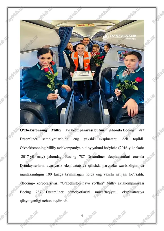 difikatsiyadagi samolyotlar, jumladan boeing 787 dreamliner samolyotida ham barcha txkvat ishlarini bajaruvchi «uzbekistan airways technics» aviakorxonasi negizida kompozit materiallardan tashkil topgan qismlarni ta’mirlash markazi tashkil etildi. ushbu markaz zamonaviy havo kemalariga xizmat ko‘rsatib, korxona faoliyatining rivojida katta imkoniyatlar eshigini ochadi. aviakompaniya shaxsiy tarkibini tayyorlash, o‘qitish va malakasini oshirish uchun o‘zining bazasini yaratdi. turli xildagi trenajyorlar, jumladan to‘liq pilotajli a320 va boeing -767 samolyotlarining full-flight simulyatorlari o‘rin olgan trenajyor majmuasi hamda professional o‘qituvchilar tarkibiga ega o‘quv-mashq markazi xorijiy aviakompaniyalarga o‘qitish va tayyorgarlik ko‘rish xizmatlarini taklif etadi. milliy aviatashuvchining mdh miqyosidagi ulkan rejalari, o‘zbekistonning fuqaro aviatsiyasi jadal sur’atlarda rivojlanib va yuksalib borayotganini ko‘rsatadi. yana 4ta boeing 787 dreamliner samolyotlarini xarid qilish bo‘yicha shartnoma imzolandi. “toshkent-sharqiy” aerodromi bazasida fuqaro (ishchi) aviatsiyasi zamonaviy aeroport majmuasini qurish bo‘yicha loyiha amalga oshirilmoqda. yaqin istiqbolda aviakompaniya tomonidan ushbu va boshqa loyihalarning amalga oshirilishi o‘zbekiston fuqaro aviatsiyasining jahon bozoridagi o‘rni va nufuzini yanada mustahkamlab, yangi bosqichga olib chiqadi. …