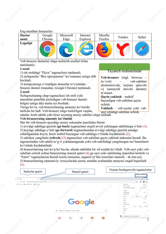 yandex safari logotipi veb-brauzer dasturini ishga tushirish usullari bilan tanishamiz. 1-usul:veb-brauzer (ingl. browser – ko‘rish) – veb-sahifani akslantiruvchi, tarjima qiluvchi va namoyish etuvchi dasturiy ta’minot. qayta yuklash – tashrif buyurilgan veb-sahifani qayta ochish. yuklash – veb-saytni yoki veb-sayt ichidagi sahifani ochish. tayanch tushunchalar 1) ish stolidagi “pusk” tugmachasi tanlanadi; 2) sichqoncha “vse programmi” ko‘rsatmasi ustiga olib boriladi; 3) kompyuterga o‘rnatilgan dasturlar ro‘yxatidan brauzer dasturi (masalan, google chrome) tanlanadi. 2-usul: sichqonchaning chap tugmachasi ish stoli yoki masalalar panelida joylashgan veb-brauzer dasturi belgisi ustiga ikki marta tez bosiladi. turiga ko‘ra, veb-brauzerlarning umumiy ko‘rinishi turlicha bo‘ladi. veb-brauzer ishga tushirilgan vaqtda, odatda, bosh sahifa yoki biror saytning asosiy sahifasi ishga tushadi. veb-brauzerning umumiy ko‘rinishi har bir veb-brauzer quyidagi asosiy uskunalar panelidan iborat: 1) avvalgi sahifaga qaytish (go back) tugmachasi orqali avval yuklangan sahifalarga o‘tish (1); 2) keyingi sahifaga o‘tish (go forward) tugmachasidan avvalgi sahifaga qaytish amalga oshirilganidan keyin, hozir tashrif buyurgan veb-sahifaga o‘tishda foydalanish …
