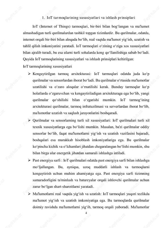 i protokollarni qo‘llaydi. eng keng tarqalgan protokollar orasida mqtt (message queuing telemetry transport), http, coap (constrained application protocol) va zigbee mavjud. ushbu protokollar iot qurilmalarining ma'lumotlarni uzatish va olish jarayonini boshqaradi. tarmoqning turli qismlarida ma'lumot uzatishning samaradorligini ta'minlash uchun optimallashtirilgan protokollar ishlatiladi.  ma'lumotlarni saqlash va tahlil qilish: iot qurilmalari yig‘gan ma'lumotlar markaziy serverlar yoki bulut platformalariga yuboriladi. ma'lumotlar saqlanishi va tahlil qilinishi kerak, chunki bu tahlil iot tizimining samarali ishlashini ta'minlaydi. ma'lumotlar tahlili yordamida tarmoqdagi o‘zgarishlar, xatoliklar yoki nosozliklar aniqlanishi mumkin. shuningdek, ma'lumotlar orqali prognozlar va qarorlar chiqarish uchun ilg‘or analizlar, mashina o‘rganish va sun'iy intellekt usullari qo‘llaniladi. 6  markaziy tizim orqali boshqarish: iot tarmog‘ining ishlash prinsipi markaziy boshqaruv tizimi orqali amalga oshiriladi. bu tizim sensorlar va qurilmalardan olingan ma'lumotlarni qabul qilib, kerakli tahlilni o‘tkazadi va qurilmalar bilan o‘zaro aloqalarni boshqaradi. markaziy tizim foydalanuvchilarga tarmoqni nazorat qilish va ma'lumotlarga asoslangan qarorlar qabul qilish imkoniyatini beradi.  avtomatik javob …