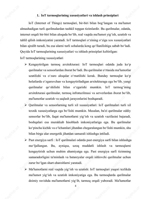 larni qo‘llaydi. eng keng tarqalgan protokollar orasida mqtt (message queuing telemetry transport), http, coap (constrained application protocol) va zigbee mavjud. ushbu protokollar iot qurilmalarining ma'lumotlarni uzatish va olish jarayonini boshqaradi. tarmoqning turli qismlarida ma'lumot uzatishning samaradorligini ta'minlash uchun optimallashtirilgan protokollar ishlatiladi. · ma'lumotlarni saqlash va tahlil qilish: iot qurilmalari yig‘gan ma'lumotlar markaziy serverlar yoki bulut platformalariga yuboriladi. ma'lumotlar saqlanishi va tahlil qilinishi kerak, chunki bu tahlil iot tizimining samarali ishlashini ta'minlaydi. ma'lumotlar tahlili yordamida tarmoqdagi o‘zgarishlar, xatoliklar yoki nosozliklar aniqlanishi mumkin. shuningdek, ma'lumotlar orqali prognozlar va qarorlar chiqarish uchun ilg‘or analizlar, mashina o‘rganish va sun'iy intellekt usullari qo‘llaniladi. · markaziy tizim orqali boshqarish: iot tarmog‘ining ishlash prinsipi markaziy boshqaruv tizimi orqali amalga oshiriladi. bu tizim sensorlar va qurilmalardan olingan ma'lumotlarni qabul qilib, kerakli tahlilni o‘tkazadi va qurilmalar bilan o‘zaro aloqalarni boshqaradi. markaziy tizim foydalanuvchilarga tarmoqni nazorat qilish va ma'lumotlarga asoslangan qarorlar qabul qilish imkoniyatini beradi. · avtomatik javob va tarmoqni …