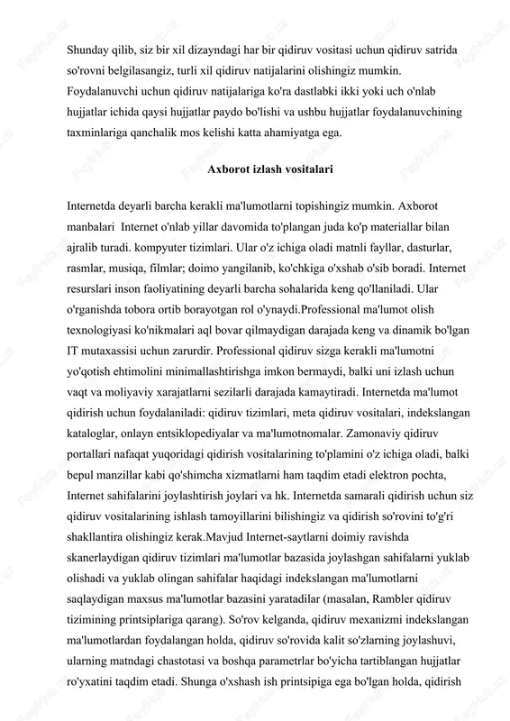 garishlarni avtomatik ravishda kuzatib boradigan internetni doimiy ravishda skanerlaydi; qidiruv natijalari belgilangan muvofiqlik mezonlariga (qidirilayotgan va topilganlarning muvofiqlik darajasi) muvofiq buyurtma qilinadi. qidiruv tizimi bir nechta qidirish parametrlarini aniqlashga imkon beradigan kengaytirilgan qidiruv imkoniyatlarini taqdim etadi. rambler (http://www.rambler.ru/) rossiya qidiruv portali. professional qidiruv tizimi sifatida rambler 1996 yildan beri mavjud. u turli xil qidiruv turlarini, shu jumladan rus tilining morfologiyasini hisobga olgan holda turli xil parametrlar kombinatsiyasi bilan kengaytirilgan qidiruvni ta'minlaydi. aport! (http://aport.ru/) rossiyaning aport qidiruv portali so'rovlarni shakllantirish uchun keng imkoniyatlarga ega; grafik tasvirlar va multimedia fayllarini qidirishni ta'minlaydi. altavista (http://www.altavista.com/). altavista qidirish mexanizmi 1995 yil oxirida paydo bo'ldi va google zafar qozonishidan oldin qidiruv bo'yicha dunyoda etakchi edi (tizim indeksida 20 million sahifalar mavjud). dunyo mintaqasidan qat'i nazar, internetda ma'lumot qidirish uchun mo'ljallangan; grafik, audio va videofayllarni qidirishni, shuningdek asosiy evropa tillariga tarjima qilish imkoniyatini beradi; rus tilida izlashni birinchilardan bo'lib qo'llab-quvvatladi. yahoo! (http://www.yahoo.com/). qidiruv mexanizmi sifatida, u …