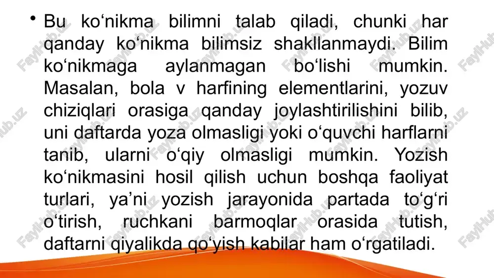 ushdan so‘ng kelsa, undoshni unlidan ajratib talaffuz qilishga xizmat qilishi haqida ham tushunchalar berilib, asta-sekin uni qo‘llashga doir ko‘nikma va malakalar shakllantiriladi. savod o‘rgatish jarayonida harflarning 4 xil (bosma, yozma, bosh va kichik) shakli va ularning ishlatilish o‘rni o‘rgatiladi. o‘quvchilarni o‘qishga o‘rgatish bo‘g‘in asosida olib boriladi. o‘qishning dastlabki bosqichida orfografik o‘qishdan foydalaniladi, astasekin orfoepik o‘qish ko‘nikmalari shakllantiriladi. talaffuzi yozilishiga mos kelmaydigan tovushlar ishtirok etgan so‘zlar oldin orfografik, so‘ngra orfoepik o‘qib beriladi va ularning o‘qilishi bilan yozilishi taqqoslanadi. kichik yoshdagi o‘quvchini o‘qishga o‘rgatishda quyidagilar kuzatiladi: 1. bola o‘qish paytida bitta harfni ko‘radi, uni bilish uchun rasmlarni ko‘z oldiga keltiradi, rasmlarni yoki boshqa harflarni eslaydi, esga tushirgach, uni aytishga oshiqadi, biroq o‘qituvchi aytishga yo‘l qo‘ymaydi, undan bo‘g‘inni aytishni talab qiladi. o‘quvchi ikkinchi harfni eslab olguncha, birinchisi esdan chiqib qoladi yoki ularni qo‘shib bo‘g‘in, bo‘g‘indan so‘z hosil qilguncha, o‘qish jarayoni sustlashadi. 2. ko‘pincha bola o‘qiyotgan qatorni yo‘qotib qo‘yadi, harfni, bo‘g‘inni, so‘zni qayta o‘qishiga …