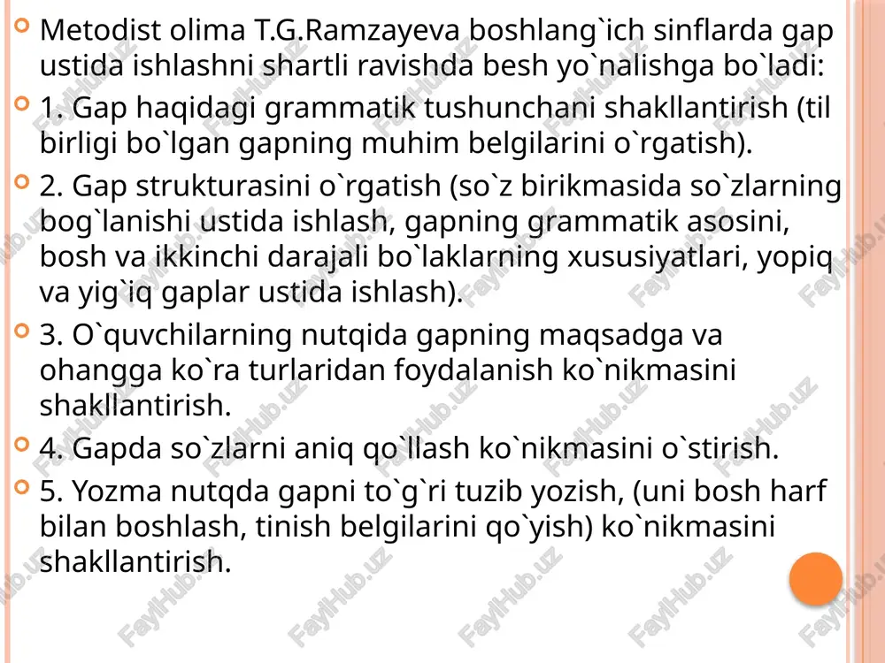 eradi. terimchi teradi - bosh bo`laklar). - so`roqlar yordamida so`z birikmasini toping. nimani teradi? (paxtani teradi) nimada teradi? (mashinada teradi). keyin gapda so`zlarning qulay tartibi aniqlanadi. (terimchi paxtani mashinada teradi). gap ohangi ustida ishlanadi. 3. uzluksiz (tinish belgilarisiz) matndan gaplarni ajratish. mashqning bu turi ongli bo`lishi uchun har bir gapniig bosh bo`laklarini va so`z birikmalarini ajratish lozim. 4. gapni tahlil qilish va sxemani tuzish. gap tahlil qilinayotganda dastlab uning asosi ajratiladi, keyin egani izohlovchi ikkinchi darajali bo`lak, kesimni izohlovchi ikkinchi darajali bo`lak, boshqa ikkinchi darajali bo`lakni izohlovchi ikkinchi darajali bo`lak ajratiladi. shunday qilib, asta-sekii so`z birikmalari aniqlana boradi. 5. o`qituvchi bergan sxema yoki so`roqlar asosida gap tuzish: kim? kimlarni? nima qiladi? (shifokor kasallarni davolaydi). so`z birikmasi ikki yo`nalishda olib boriladi: 1) so`z birikmasiga gap ichida gapning tarkibiy qismi sifatida qaraladi; 2) so`z birikmasiga predmetning yoyiq nomi sifatida qaraladi, masalan, soat - so`z, oltin soat, qo`l soat, osma soat, elektron soat …