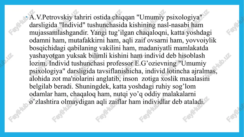 egadirlar. mazkur nazariyalar qatoriga biogenetik, sosiogenetik, psixogenetik, kognitiv, psixoanalitik, bixevioristik kabilarni kiritish mumkin. shaxs nazariyalari: 1. biogenetik nazariya 2. sotsiogenetik nazariya 3. psixogenetik nazariya makro bosqichdagi ta’sirlar: jamiyat til din mikro bosqichdagi ta’sirlar: oila tarbiya muhit nativizm – kishining tug’ma, tabiat in’om etgan ota-onasidan olgan belgilari va imkoniyatlari. empirizm – kishining hayot davomida muhit, tarbiya,turli ijtimoiy omillar ta’sirida shakllangan imkoniyatlari galton dastlab inson qobiliyati irsiymi, degan savol bilan qiziqdi va turli darajadagi taniqli odamlarning qarindoshlari sonini hisoblashni taklif qildi. agar fazilatlar irsiy boʻlsa, qarindoshlar orasida oddiy aholidan koʻra koʻproq obroʻli erkaklar boʻlishi kerak edi. buni sinab koʻrish uchun u tarixiyometriya usullarini ixtiro qildi. galton koʻplab biografik manbalardan keng koʻlamli maʼlumotlarni oldi, ularni jadvalga kiritdi va turli yoʻllar bilan taqqosladi. bu ilmiy ish 1869-yilda oʻzining " irsiy geniallik „ kitobida batafsil bayon etilgan. galton ushbu ikki ishda oʻz usullarining cheklovlarini tan oldi va bu savolni egizaklarni taqqoslash orqali yaxshiroq oʻrganish mumkinligiga …