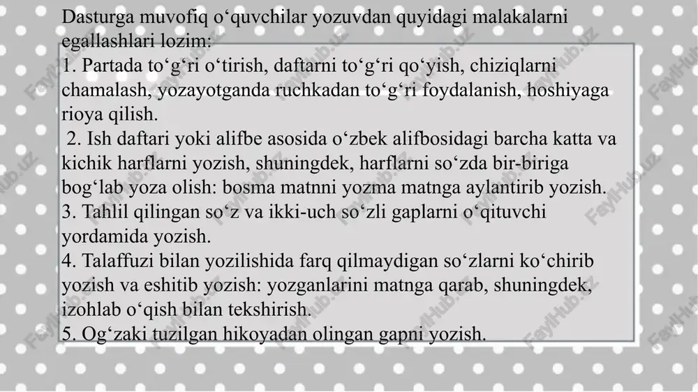 til nuqtai nazaridan to‘g‘ri, ifodali, obrazli, aniq nutqqa erishish lozim; b)o‘qish darsida ham, yozuv darsida ham o‘quvchilar nutqini o‘stirishga, lug‘atini boyitishga, gap tuzish va uni tahlil qilishga, og‘zaki hikoyalash va shu kabi ish turlariga alohida ahamiyat qaratish kerak; d)maktab va sinf devorlariga osilgan, xattaxtaga yozilgan har qanday yozuv mazmtınan va imlo jihatdan savodli bo‘lishi zarur; e)darsda nutq madaniyati hııkmron bo‘lishi, o‘qitııvchi va o‘qtıvchilar adabiy tilda so‘zlashishlari kerak; f)o‘qish va yozuv ko‘nikma-malakalarini shakllantirish mashq- lari darsda yetakchi o‘rinni egallab, taxminan, darsning uchdan ikki qismiga to‘g‘ri kelishi lozim; g)har bir o‘qish va yozuv darsida „alifbe“dagi matnlar bilan bir qatorda q. muhammadiy, p. mo‘min, z. diyor, a.obidjon kabi sevimli bolalar shoiri va yozııvchilari asarlaridan namunalar tanlab olinishi va sinfda o‘qish sinfdan tashqari o‘qish hamda o‘qib berilgan matnni eshitish bilan bog'lanishi zarur. i) o‘qish va yozuv darslari bir-biri bilan uzviy bog‘lanishi, ya’ni o‘qish darsi o‘quvchilarni yozuv darsiga tayyorlashi, yozuv darsi oldingi o‘qish darsining davomi …