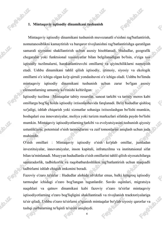ya va o'sishning muhim omillari hisoblanadi. yaxshi rivojlangan transport, aloqa va energetika tarmoqlariga ega hududlar bozorga kirishni kengaytirish, tranzaksiya xarajatlarini kamaytirish va investitsiya jozibadorligini oshirishdan foyda ko'radi. infratuzilmadagi kamchiliklar va ulanish cheklovlarini baholash sarmoyaviy ustuvorliklar va mintaqaviy rivojlanish strategiyalari haqida ma'lumot beradi. boshqaruv va institutlar : boshqaruv tuzilmalari va institutsional asoslari siyosat samaradorligi, tartibga solish muhiti va davlat-xususiy hamkorlikka ta'sir ko'rsatish orqali mintaqaviy iqtisodiy dinamikani shakllantiradi. shaffof, hisob beruvchi va inklyuziv boshqaruv tizimlari bilan ajralib turadigan hududlar ko'proq chidamlilik, innovatsiyalar va ijtimoiy hamjihatlikni namoyish etadi. boshqaruv va institutsional omillarni o'rganish mintaqaviy boshqaruv salohiyatini kuchaytirish va siyosatni samarali amalga oshirishga ko'maklashish strategiyalarini ma'lum qiladi. 2. mintaqaviy iqtisodiy rivojlanishning siyosat asoslari mintaqaviy iqtisodiy rivojlanishning siyosiy asoslari muvozanatli o'sishni ta'minlash, nomutanosiblikni kamaytirish va mintaqalar ichida va mintaqalar bo'ylab barqarorlikni rag'batlantirishga qaratilgan turli xil tadbirlarni o'z ichiga oladi. bu siyosatlar iqtisod, davlat boshqaruvi, shaharsozlik va ijtimoiy fanlar tamoyillariga asoslangan nazariy asoslar va empirik dalillarga …