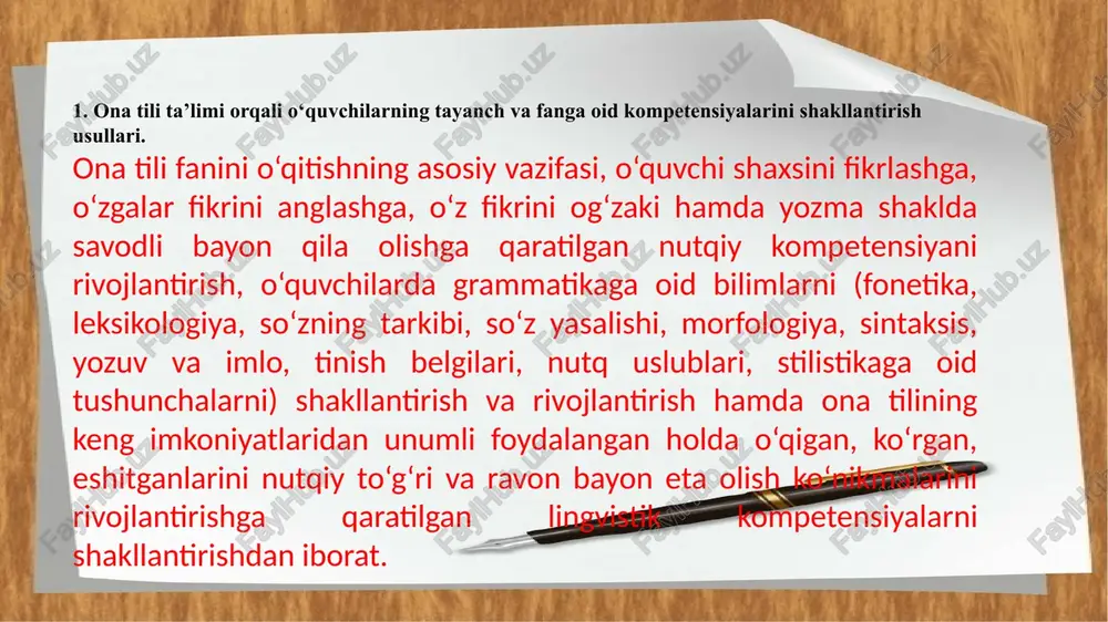 z ichiga oladi: 1. savod o‘rgatish va nutq o‘stirish. 2. fonetika, grammatika, imlo va nutq o‘stirish. savodga o‘rgatish davri 2-sentabrdan to dekabr oyining oxirigacha bo‘lgan muddatni, ya’ni ikki o‘quv choragini qamrab oladi. savodga o‘rgatish jarayoni tayyorgarlik va alifbe davridan tashkil topadi. tayyorgarlik va alifbe davrida ta’lim savodga o‘rgatishning tahlil-tarkib (analitik-sintetik) tovush usulida amalga oshiriladi. savodga o‘rgatishning tahlil-tarkib usuliga ko‘ra matndan gap, gapdan so‘z, so‘zdan bo‘g‘in va tovush, yoki aksincha, tovush > bo‘g‘in > so‘z > gap >matn uzviy aloqada butundan bo‘lakka, bo‘lakdan butunga qarab tahlil-tarkib qilinadi. bu esa o‘quvchilar tafakkur faoliyatini onglilik, tushunarlilik, mantiqiylik, didaktik mezonlar asosida rivojlantirish imkoniyatini vujudga keltiradi. boshlang‘ich ta’limning ilk savodga o‘rgatish davridanoq, o‘quvchilar nutqini yangi so‘zlar hisobiga boyitishga alohida e’tibor qaratiladi. «boshlang’ich sinflarda ona tilidan sinfdan tashqari ishlar» fanining vazifalari: talabalarni ona tilidan sinfdan tashqari ishlarning mazmunini belgilashga, rejalashtirishga va mashg’ulotlarning mazmuniga xos shakllar hamda usullar tanlashga o`rgatish; sinfdan tashqari ishda foydalaniladigan til materiallari manbalari …