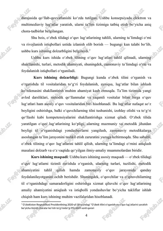 azifalaridan hisoblanadi. kurs ishining obyekti: o‘zbek tilini o‘rgatish va o‘rganish jarayonida qo‘llaniladigan o‘quv lug‘atlar hamda ularning tilshunoslik va metodik jihatdan qo‘llanilishi. kurs ishining predmeti: o‘zbek tilidagi o‘quv lug‘atlarning turlari, tuzilishi, mazmuni, o‘quvchilarga ta’siri va ta’lim jarayonida ularni samarali qo‘llash usullari. kurs ishining vazifalari: mazkur kurs ishini amalga oshirish davomida quyidagi vazifalar belgilab olindi: · o‘quv lug‘ati tushunchasini aniqlash va uning tilshunoslikdagi o‘rnini ko‘rsatish; · o‘zbek tilidagi o‘quv lug‘atlarning turlarini tasniflash va ularning tuzilishini tahlil qilish; · o‘quv lug‘atlarning o‘quvchilarning til o‘rganishiga ta’sirini o‘rganish; · o‘zbek tilida yaratilgan muhim o‘quv lug‘atlarini (izohli, imlo, sinonimlar lug‘ati va boshqalar) tahlil qilish; · elektron va onlayn lug‘atlarning zamonaviy ta’limdagi o‘rnini aniqlash; · o‘quv jarayonida o‘quv lug‘atlarini samarali qo‘llash bo‘yicha taklif va tavsiyalar ishlab chiqish. kurs ishining nazariy ahamiyati: ushbu kurs ishi o‘zbek tilshunosligida o‘quv lug‘atlari masalasini nazariy jihatdan o‘rganishga xizmat qiladi. ish davomida o‘quv lug‘atlari bilan bog‘liq asosiy tushunchalar, ularning tasnifi, tuzilishi va til …