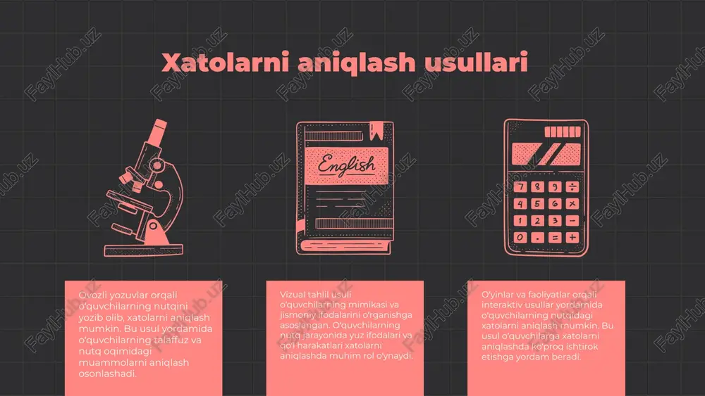 02 03 tadqiqot va amaliyot nutqni amal qilishga undash o‘quvchilarni nutqni muntazam ravishda amalda qo‘llashga undash muhim ahamiyatga ega. bu, ularga o‘z fikrlarini aniq va ravon ifoda etishga yordam beradi. o‘qituvchilar motivatsion tadbirlar va mashg‘ulotlar yordamida o‘quvchilarning ishtirokini oshirishi mumkin. muvaffaqiyatli misollar o‘quvchilar uchun muvaffaqiyatli misollarni ko‘rsatish, ularda nutqni yaxshilashga bo‘lgan ishtiyoqni oshiradi. masalan, o‘quvchilar o‘zlarining nutq ko‘nikmalarini ishlatgan taqdirda yutuqlarga erishgan boshqa tengdoshlarining hikoyalarini o‘rganishi mumkin. o‘z nutqini baholash o‘quvchilar o‘z nutqini baholash orqali o‘z kuchli va zaif tomonlarini aniqlash imkoniyatiga ega bo‘lishadi. baholash jarayoni o‘qituvchilar tomonidan berilgan fikrlar, o‘zaro baholash va kuzatishlar orqali amalga oshiriladi. xatolarni bartaraf etish o‘yinlari o‘yinlar, o‘quv jarayonida bolalarni jalb qilishning samarali usulidir. ular nafaqat bolalarning qiziqishini oshiradi, balki nutq xatolarini aniqlash va bartaraf etishda ham yordam beradi. o‘yinlar orqali o‘quvchilar o‘z xatolarini osonroq tushunadilar va ularni tuzatish uchun amaliyot qilish imkoniyatiga ega bo‘ladilar. nutq xatolarini o‘yinlar orqali aniqlash uchun bir nechta usullar mavjud. …