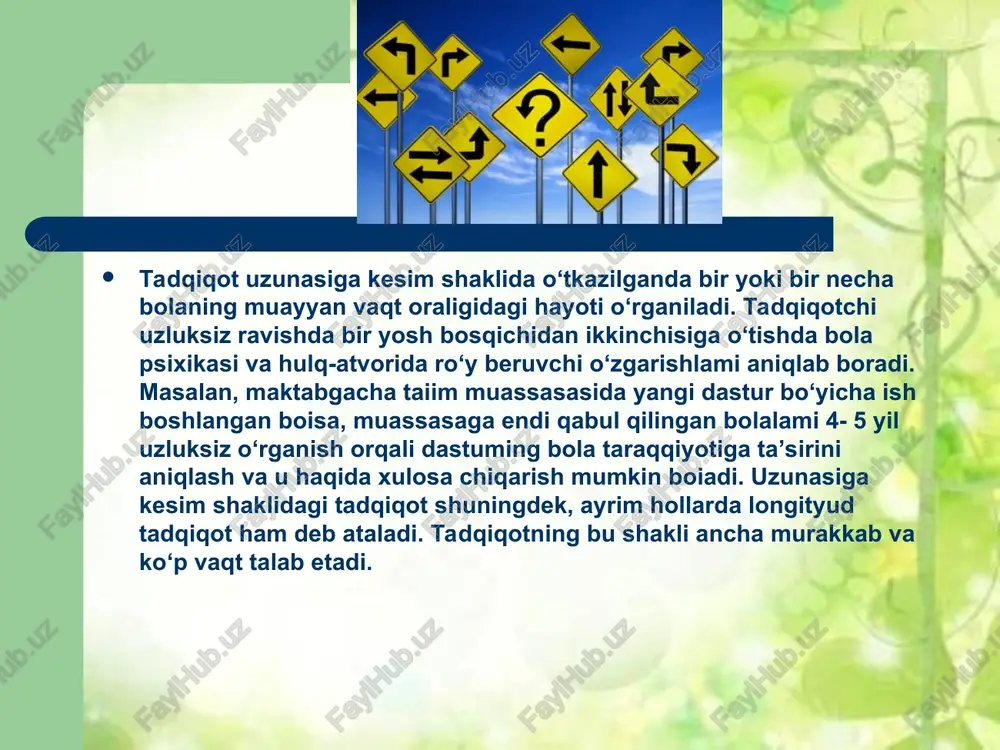 ” grafik testi, “grafik diktant” va boshqalami oladi. yuqorida tilga olingan metodik vositalar adabiyotlarda batafsil tahlil etilgan. haqiqiy ilmiy psixologiya psixikani o`rganishning ob'ektiv metodlaridan foydalanish asosiga ko`rilishi kerak. hozirgi zamon psixologiyasining ilmiy tadqiqotga nisbatan muhim talabi psixik faktlarini genetik (tarixiy) jihatdan o`rganish printsipiga amal qilishni taqozo etadi. genetik printsipning mohiyati shundan iboratki, o`rganilayotgan psixik xodisaga jarayon deb qaraladi va tadqiqotchi uning dialektik rivojlanishining barcha xolatlarini tiklashga, ular bir–birlarini qay yo`sinda olmoshtira olishlarini ko`rish va tushunib etishga harakat qiladi, o`rganilayotgan psixik faktni uning konkret tarixi jihatidan tasavvur etishga o`rinadi. psixologiyada genetik printsipdan foydalanish zarurligini p. p. blonskiy (1884–1941), l. s. vigotskiy (1896–1934), s.l.rubinshteyn (1889–1960), a.n. leontev (1903–1979) lar o`z asarlarida ta'kidlaganlar. tadqiqotlarni amalga oshirishning genetik printsipi keyingi yillarda, ayniqsa bolalar psixologiyasida bola shaxsini bo`ylama kesimi (prodolniy razrez) bo`yicha o`rganish metodi deb atalgan usuli keng qo`llanilmoqda. bu longityud metodi deb ham aytiladi. longityud (inglizcha longitude–dolgota) bir xolatni uzoq vaqt va muntazam o`rganish …