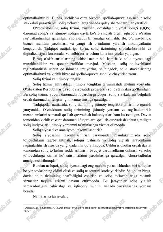 vlatning moliyaviy va iqtisodiy barqarorligini ta’minlashda asosiy rol o‘ynaydi. o‘zbekiston misolida soliq tizimi jamiyatning ijtimoiy-iqtisodiy ehtiyojlariga mos ravishda shakllanib, muayyan vazifalarni bajaradi. soliq to‘lovchilardan yig‘iladigan mablag‘lar davlat byudjetiga tushib, xalq ta’limi, sog‘liqni saqlash, ijtimoiy himoya kabi muhim sohalarga yo‘naltiriladi.[footnoteref:3] [3: moliya vazirligi. (2023). o‘zbekiston respublikasining soliq siyosati: islohotlar va istiqbollar. toshkent: moliya vazirligi, 30-bet. ] soliq tizimi quyidagi asosiy vazifalarni bajaradi: · moliyaviy vazifa – davlatning iqtisodiy faoliyatini moliyalashtirish, ijtimoiy xizmatlarni ko‘rsatish va iqtisodiy barqarorlikni ta’minlash. · iqtisodiy tartibga solish vazifasi – iqtisodiyotni nazorat qilish, korxonalarga va sektorlarga rag‘bat berish hamda ularni samarali ishlashga yo‘naltirish. · ijtimoiy tenglikni ta’minlash vazifasi – soliq tizimi orqali jamiyatdagi ijtimoiy adolatni ta’minlash va daromadlar tengsizligini kamaytirish. bundan tashqari, soliq tizimi iqtisodiyotni barqarorlashtirishda muhim vosita bo‘lib, iqtisodiy o‘sishni rag‘batlantirish, inflyatsiya darajasini nazorat qilish va milliy iqtisodiyotning raqobatbardoshligini oshirishga xizmat qiladi. soliq tizimining iqtisodiy o‘sishga ta’siri: soliq tizimining iqtisodiy o‘sishga ta’siri bevosita soliq stavkalariga, ularning yig‘ilish …