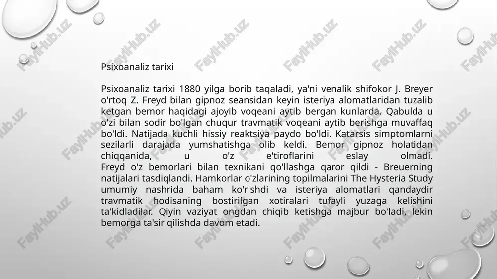 lalar psixoanalizi holatida yashirin va ochiq fikrlar o'rtasidagi farq unchalik aniq emas. interpretatsiya usuli interpretatsiya har qanday tahlilchining eng muhim vositalaridan biri hisoblanadi. hatto tushlarning talqini va erkin assotsiatsiyada ham talqinlar terapevt tomonidan qo'llaniladi. bu atama nimani anglatadi? interpretatsiya asosiy tahliliy vosita deb ataladi. tush ta'birini va erkin assotsiatsiyada psixoanalist talqindan foydalanishga harakat qiladi. biz bemor haqida muhim ma'lumotlarni ongsizdan ongli darajaga o'tkazish haqida gapiramiz. shaxsni tashvish va tashvishga soladigan ma'lumotni repressiya qilish, shuningdek, uni to'g'ri tahlil qilish nevroz yoki boshqa ruhiy muammolarni engillashtiradi. psixoanalizning to'rtta asosiy qo'llanilishi mavjud: ong qanday ishlashi haqidagi nazariya sifatida; ruhiy muammolarni davolash sifatida; tadqiqot usuli sifatida; madaniy va ijtimoiy hodisalarni ko'rib chiqish usuli sifatida: adabiyot, san'at, kino, teatr, siyosat. psixoanaliz va psixoanalitik psixoterapiya, birinchi navbatda, potentsialning rivojlanishiga to'sqinlik qiladigan va yaqinlari, oilasi va do'stlari bilan munosabatlarda qoniqishga erishish tajribasini buzadigan, shuningdek, muvaffaqiyatga erishish va o'z hayotida o'zini o'zi anglash tajribasini buzadigan takrorlanadigan ruhiy muammolardan …