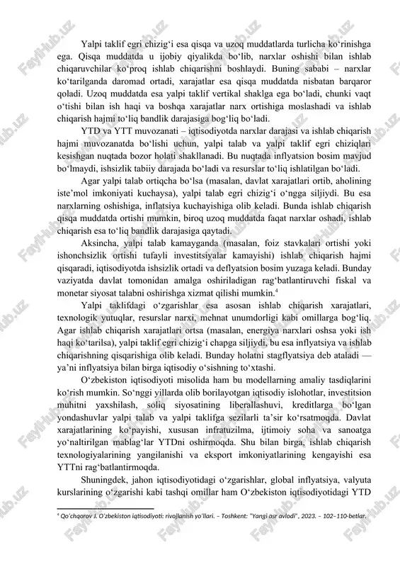 harakati, narxlar darajasiga ta’siri ko‘rsatib berildi. maqolada statistik ma’lumotlarga tayanilgan holda, iqtisodiy o‘sish va inflyatsiya darajalari bilan bog‘liq holatlar ham tahlil qilindi. bu esa mavzuni real voqelik asosida yoritishga imkon berdi. amaliy yondashuv orqali esa ytd va ytt modellarining iqtisodiy siyosatga ta’siri, bozor muvozanatini ta’minlashdagi o‘rni ko‘rib chiqildi.[footnoteref:3] [3: xasanov u. iqtisodiyotni davlat tomonidan tartibga solish. – toshkent: “iqtisod-press”, 2020. – 33–40-betlar. ] umuman olganda, tadqiqotda nazariy tahlil, taqqoslash, statistik ma’lumotlar tahlili hamda grafik usullar uyg‘unlashtirilib, mavzuga kompleks yondashuv amalga oshirildi. bu esa mavzuning har tomonlama ochilishiga xizmat qildi. tahlil va natijalar. yalpi talab va yalpi taklif modellari bozor iqtisodiyoti sharoitida asosiy tahliliy vositalardan biri hisoblanadi. bu modellar orqali iqtisodiy o‘sish, inflyatsiya, ishsizlik va ishlab chiqarish hajmidagi o‘zgarishlar chuqur tahlil qilinadi. ushbu bo‘limda yalpi talab va yalpi taklifning o‘zaro ta’siri, muvozanat holati, nomuvozanat holatlaridagi iqtisodiy oqibatlar hamda real iqtisodiyotdagi kuzatishlar asosida muhim xulosalar keltirib o‘tiladi. avvalo, yalpi talab egri chizig‘i …