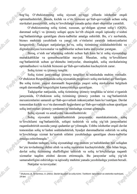 latning moliyaviy va iqtisodiy barqarorligini ta’minlashda asosiy rol o‘ynaydi. o‘zbekiston misolida soliq tizimi jamiyatning ijtimoiy-iqtisodiy ehtiyojlariga mos ravishda shakllanib, muayyan vazifalarni bajaradi. soliq to‘lovchilardan yig‘iladigan mablag‘lar davlat byudjetiga tushib, xalq ta’limi, sog‘liqni saqlash, ijtimoiy himoya kabi muhim sohalarga yo‘naltiriladi.3 soliq tizimi quyidagi asosiy vazifalarni bajaradi:  moliyaviy vazifa – davlatning iqtisodiy faoliyatini moliyalashtirish, ijtimoiy xizmatlarni ko‘rsatish va iqtisodiy barqarorlikni ta’minlash.  iqtisodiy tartibga solish vazifasi – iqtisodiyotni nazorat qilish, korxonalarga va sektorlarga rag‘bat berish hamda ularni samarali ishlashga yo‘naltirish.  ijtimoiy tenglikni ta’minlash vazifasi – soliq tizimi orqali jamiyatdagi ijtimoiy adolatni ta’minlash va daromadlar tengsizligini kamaytirish. bundan tashqari, soliq tizimi iqtisodiyotni barqarorlashtirishda muhim vosita bo‘lib, iqtisodiy o‘sishni rag‘batlantirish, inflyatsiya darajasini nazorat qilish va milliy iqtisodiyotning raqobatbardoshligini oshirishga xizmat qiladi. soliq tizimining iqtisodiy o‘sishga ta’siri: soliq tizimining iqtisodiy o‘sishga ta’siri bevosita soliq stavkalariga, ularning yig‘ilish samaradorligiga va davlat tomonidan ajratiladigan moliyaviy mablag‘larga 3 moliya vazirligi. (2023). o‘zbekiston respublikasining soliq siyosati: islohotlar …