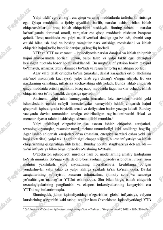 rakati, narxlar darajasiga ta’siri ko‘rsatib berildi. maqolada statistik ma’lumotlarga tayanilgan holda, iqtisodiy o‘sish va inflyatsiya darajalari bilan bog‘liq holatlar ham tahlil qilindi. bu esa mavzuni real voqelik asosida yoritishga imkon berdi. amaliy yondashuv orqali esa ytd va ytt modellarining iqtisodiy siyosatga ta’siri, bozor muvozanatini ta’minlashdagi o‘rni ko‘rib chiqildi.3 umuman olganda, tadqiqotda nazariy tahlil, taqqoslash, statistik ma’lumotlar tahlili hamda grafik usullar uyg‘unlashtirilib, mavzuga kompleks yondashuv amalga oshirildi. bu esa mavzuning har tomonlama ochilishiga xizmat qildi. tahlil va natijalar. yalpi talab va yalpi taklif modellari bozor iqtisodiyoti sharoitida asosiy tahliliy vositalardan biri hisoblanadi. bu modellar orqali iqtisodiy o‘sish, inflyatsiya, ishsizlik va ishlab chiqarish hajmidagi o‘zgarishlar chuqur tahlil qilinadi. ushbu bo‘limda yalpi talab va yalpi taklifning o‘zaro ta’siri, muvozanat holati, nomuvozanat holatlaridagi iqtisodiy oqibatlar hamda real iqtisodiyotdagi kuzatishlar asosida muhim xulosalar keltirib o‘tiladi. avvalo, yalpi talab egri chizig‘i narx darajasi oshgani sari pasayuvchi yo‘nalishda harakatlanadi. bunga bir nechta sabablar bor: real balans effekti …