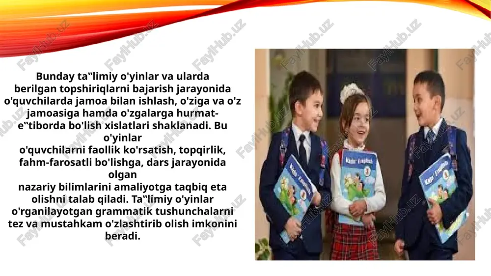 shtirib chiqadi. g„ishtchalar soni o'quvchilar soniga teng yoki ko'p bo'lishi kerak. guruhlarga “minora” yoki “devor” qurilishi uchun joy ajratiladi. har bir guruhdan bittadan bola chiqadi va “gishtcha” ni olib, savolni o'qiydi. agar bolalar savolga to'g„ri javob topsalar o'zlarining “maydoncha”lariga “g„isht”ni teradilar. agar noto'g„ri javob bersalar, o'qituvchi “g„ishtcha”ni olib qo'yadi. o'yin shu taxlitda barcha o'quvchilar bittadan “g„ishtcha” olib bo'lgunlariga qadar davom etadi.” qurilish maydonchasi” da eng ko'p g„isht tergan o'quvchilar guruhi g„olib hisoblanadi. ko'rinadiki, har bir ta‟limiy o'yinda ma‟lum ta‟limiy maqsadga qaratilgan vazifa qo'yiladi. bu vazifa bolalarga bilim va ma‟lumot berishni ko'zda tutadi. har bir ta‟limiy o'yin bolalardan ma‟lum vazifani bajarishni talab qiladi. shu orqali ta‟limiy o'yinlar dars samaradorligini oshirishga xizmat qiladi. fe’lni o‘rganishdagi izchilliklar haqida. dastur o‘quvchilarda so‘zlarga so‘roq berib, ularni bir-biridan farqlash ko‘nikmasini shakllantirishni talab etadi. buning uchun o‘quvchi fe’lning har xil formalaridan foydalanib, maxsus mashqlar o‘tkazadi. nima? so‘rog‘iga javob bo‘lgan so‘z bilan nima qildi? (nima qilayapti? nima qiladi?) …