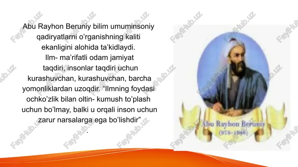 axloqqa daxldordir. mirzo ulug’bekning pedagogik g’oyalari va ma’rifatparvarlik xizmatlari movarounnahr va xurosonning boy va seiqirra madaniyati va islom dunyosining ma’naviy an’analariga suyangan hamda o’z davrining madaniy tajribalaridan to’la foydalanib, uni o’zlashtirgan ulug’bek mamlakatning ravnaqi, ayniqsa uning ma’naviy kamolotida ilm-fanning va san’atning naqadar muhimligini yaxshi tushunardi. ulug’bek mamlakatning siyosiy va iqtisodiy hayotini boshqarish bilan bir qatorda, ilmiy ishlar bilan shug’ullanadi, olimlarning munozaralarida faol qatnashadi. manbalardan keltirilgan ma’lumotlarga qaraganda, ulug’bek o’tmishdoshlari ah­mad farg’oniy, abu nasr forobiy, muso xorazmiy, abu rayhon beruniy va ibn sino asarlarini batafsil o’rganadi, bu buyuk mutafakkirlarning asarlari orqali u qadimgi yunon olimlari aflotun, arastu, gipparx, ptolomeylarning mumtoz asarlari bilan ham tanishadi. samarqandda o’z atrofida to’plangan olimlarning bevosita ishtiroki va yordamida ulug’bek 1424-1428-yillarda shahar yaqinida qbirahmat anhori bo’yida rasadxona qurdirdi. doira shaklida bino qilingan bu ulkan imoratning aylanasi 47 metr, balandligi 31 metr edi. bobo’rning yozishicha, u uch qavatli bo’lgan. binoning sirti koshin va sirli parchinlar bilan qoplangan. binoning …