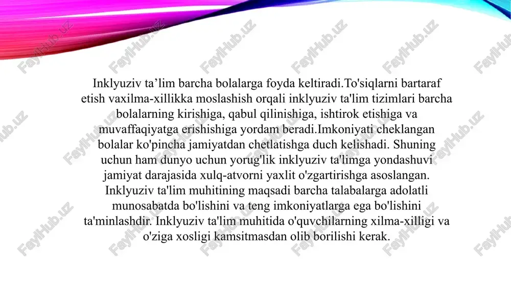 qituvchilar,bolalarni psixologik-pedagogik nazorat qilish bo‘yicha mutaxasislar) - alohida ta’lim ehtiyojlari bo‘lgan bolalarning ta’limiy muhiti yaxlitligi mustahkamlanadi,ularning jamiyatga integratsiyasi uchun zarur sharoitlar ta’minlanadi. integratsiyalashgan ta’limda bolaga muammo sifatida qaraladi.bu ta’lim tizimining quyidagicha shakllari mavjud; jismoniy integratsiya.integratsiyaning bu shakli imkoniyati cheklangan bola va imkoniyati cheklanmagan bolalar o‘rtasidagi jismoniy farqni kamaytirishga qaratilgan. - funksional integratsiya.bu shakl imkoniyati cheklangan bola va imkoniyati cheklanmagan bola o‘rtasidagi funksional muammolarni kamaytirishga qaratilgan. 1-savol: prezident sh.m. mirziyoyevning ta’biri bilan, jamiyatning ma’naviyati nimaga qarab baholanadi? a) iqtisodiy taraqqiyotiga b) nogironlarga bo‘lgan e’tiboriga c) ta’lim tizimining moliyaviy imkoniyatiga d) madaniyati va adabiyotiga javob: b 2-savol: mamlakatimizda jismoniy yoki aqliy rivojlanishida nuqsoni bo‘lgan bolalar uchun nechta ixtisoslashtirilgan davlat ta’lim muassasasi mavjud? a) 50 b) 72 c) 86 d) 100 javob: c 3-savol: inklyuziv ta’lim tizimida jismoniy integratsiyaning maqsadi nima? a) bolalarning matematik ko‘nikmalarini oshirish b) imkoniyati cheklangan va cheklanmagan bolalar o‘rtasidagi jismoniy farqni kamaytirish c) bolalarga uy vazifalarini berish d) til …