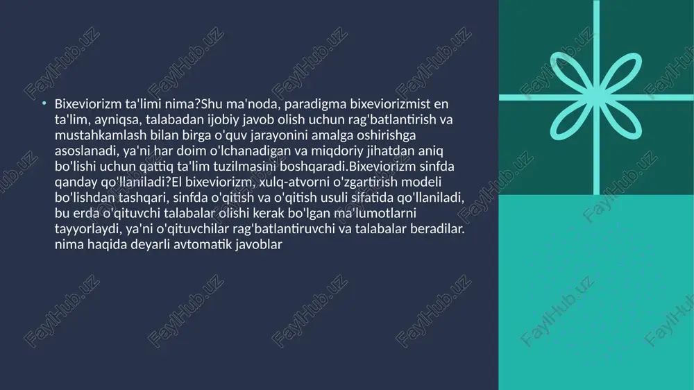 sidagi bog'liqlik); assotsiativ siljish qonuni (bir vaqtning o'zida ikkita s ning taqdim etilishi bilan, agar s ning biri ehtiyojni qondirsa, ikkinchisi bir xil reaktsiyani rag'batlantira boshlaydi). bixeviorizmning otasi jon b. uotson bu yondashuvga qat'iy qarshi chiqdi va psixologiyada inqilobni boshladi. vatson ilmiy tekshirish tarafdori edi, ammo uning uchun yashirin xatti-harakatlar, shu jumladan aqliy jarayonlar ilmiy jihatdan o'rganib bo'lmaydigan edi. shu nuqtai nazardan diqqat faqat kuzatiladigan xatti-harakatlarga qaratilishi kerak. bixeviouristlar inson xatti-harakatlarini stimullar (atrof-muhitda sodir bo'ladigan hodisalar) va javoblar (kuzatiladigan xatti-harakatlar) o'rtasidagi munosabatni o'rganish orqali tushunish mumkin deb hisoblashgan. behaviouristlar aqliy jarayonlarni xulosa qilish uchun introspektsiya kabi sub'ektiv usullardan foydalanishga hojat yo'q deb hisoblashdi. bir vaqtlar aqlni o'rgangan narsa kuzatiladigan xulq-atvorni o'rganishga aylandi. b.f. yana bir taniqli bixeviorizmist skinner inson xatti-harakatlarini ichki ruhiy jarayonlarni hisobga olmasdan turib, uni mustahkamlash va jazolash (kuzatiladigan omillar) bilan izohlash mumkin degan g'oyani ilgari surib, vatsonning qarashlarini qo'llab-quvvatladi. keyinchalik xulq-atvorchilar yashirin va kuzatiladigan xatti-harakatlarni o'rganishni qabul …
