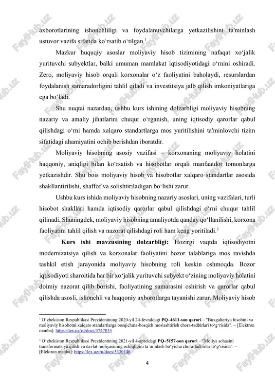 ydalanish mexanizmlari yoritiladi. shuningdek, moliyaviy hisobotlar asosida iqtisodiy qarorlar qabul qilishda bu tizimning qanday ishlashi va korxonaning moliyaviy holatini tahlil qilishdagi ahamiyati ochib beriladi. mazkur maqsadga erishish uchun quyidagi vazifalar belgilab olindi: moliyaviy hisob tushunchasi, uning mohiyati va iqtisodiy tizimdagi o‘rnini o‘rganish. moliyaviy hisobot turlarini va ularning foydalanuvchilar uchun ahamiyatini tahlil qilish. moliyaviy hisob yuritishning asosiy tamoyillari va xalqaro standartlarini ko‘rib chiqish. korxona faoliyatida moliyaviy hisobning yuritilishi tartibini o‘rganish. qaror qabul qilish jarayonida moliyaviy hisobdan foydalanish mexanizmlarini aniqlash. moliyaviy tahlil va nazoratning samaradorlikni oshirishdagi rolini asoslab berish. kurs ishining obyekti: kurs ishining obyekti sifatida xo‘jalik yurituvchi subyektlarda (korxonalarda) moliyaviy hisob tizimi va uning tashkil etilishi, moliyaviy axborotlardan foydalanish tartibi, hisobot shakllari va ularning amaliyotdagi qo‘llanilishi olinadi. misol tariqasida, real faoliyat yuritayotgan bir korxona moliyaviy hisobining amaliy jihatlari asosida tahlil o‘tkazilishi mumkin. kurs ishining predmeti: kurs ishining predmeti — xo‘jalik yurituvchi subyektlar faoliyatida moliyaviy hisob va hisobot tizimining yuritilishi, buxgalteriya va …