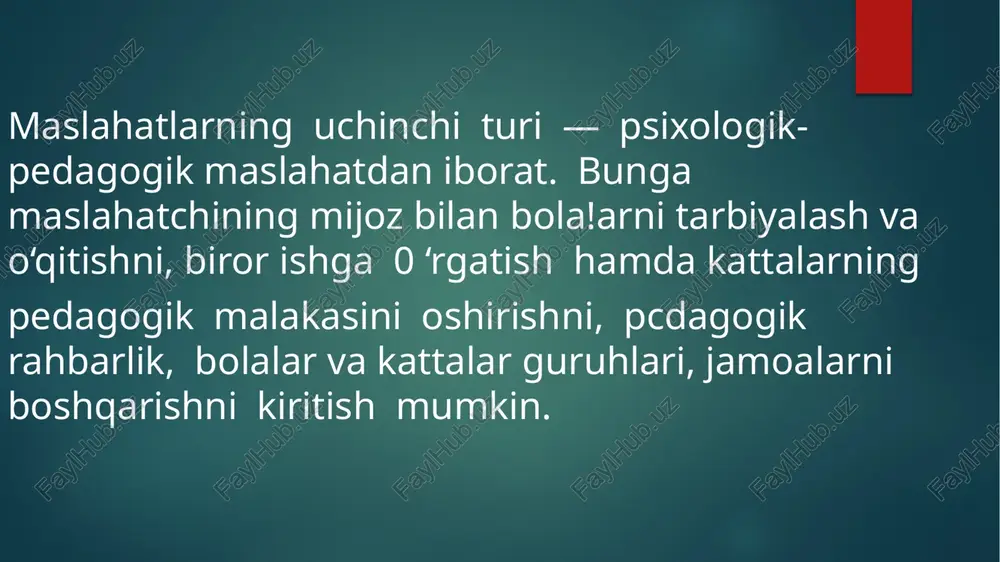 k ishlash metodlarini okzlashtirish bilan bog‘liq psixologik ta’lim maxsus amaliy ta’lim deb ataladi. birinchi navbatda gap oliy m a’lumotli amaliy psixologlarni tayyorlovchi maxsus fakultetlarda o ‘qitiladigan ilmiy asoslangan ish metodlari to‘g‘risida boradi. psixolog-maslahatchi uchun katta amaliy ishlar tajribasi psixologiyani o‘qitishi uchun emas, balki odamlarning ancha murakkab hayotiy muammolarini hal etishi uchun zarur psixolog-maslahatchi uchun arnaliy ish tajribasi har doim ham zarur. bularning barchasi psixolog-maslahatchining kasbiy ishi uchun juda muhimdir. psixolog-maslahatchi bilim va malakaiardan tashqari qator maxsus shaxsiy sifatlarga cga bo‘lishi kerak. masalan, u odamlarni yaxshi ko‘rishi, ularning holatlarini so‘zsiz sezishi va tushunishi kerak. mehribon, chidamli, xushmuomala va mas’uliyatli bo‘lishi kerak. ushbu talablarga shu sohada mashhur mutaxassis bo‘lgan r. meyning psixolog-maslahatchi to‘g‘risida o‘z vaqtida aytgan gaplarini qo'shimcha qilish mumkin. “ maslahatchi-psixolog, - deb yozadi u, - odamlarni o ‘ziga jalb qilishi, har qanday odamlar orasida o ‘zini erkin his qilishi, empatiyaga qodir bo‘iishi kerak. psixolog-maslahatchida asosiysi — bu mehribonlik va mijozni …