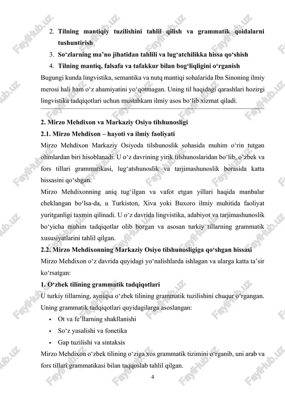 uning til haqidagi qarashlari hozirgi lingvistika tadqiqotlari uchun mustahkam ilmiy asos bo‘lib xizmat qiladi. 2. mirzo mehdixon va markaziy osiyo tilshunosligi 2.1. mirzo mehdixon – hayoti va ilmiy faoliyati mirzo mehdixon markaziy osiyoda tilshunoslik sohasida muhim o‘rin tutgan olimlardan biri hisoblanadi. u o‘z davrining yirik tilshunoslaridan bo‘lib, o‘zbek va fors tillari grammatikasi, lug‘atshunoslik va tarjimashunoslik borasida katta hissasini qo‘shgan. mirzo mehdixonning aniq tug‘ilgan va vafot etgan yillari haqida manbalar cheklangan bo‘lsa-da, u turkiston, xiva yoki buxoro ilmiy muhitida faoliyat yuritganligi taxmin qilinadi. u o‘z davrida lingvistika, adabiyot va tarjimashunoslik bo‘yicha muhim tadqiqotlar olib borgan va asosan turkiy tillarning grammatik xususiyatlarini tahlil qilgan. 2.2. mirzo mehdixonning markaziy osiyo tilshunosligiga qo‘shgan hissasi mirzo mehdixon o‘z davrida quyidagi yo‘nalishlarda ishlagan va ularga katta ta’sir ko‘rsatgan: 1. o‘zbek tilining grammatik tadqiqotlari u turkiy tillarning, ayniqsa o‘zbek tilining grammatik tuzilishini chuqur o‘rgangan. uning grammatik tadqiqotlari quyidagilarga asoslangan: · ot va fe’llarning shakllanishi · so‘z yasalishi …