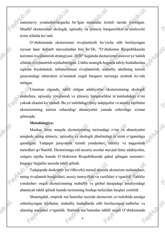 turizmning turizm sohasidagi ahamiyatini yanada oshirishga xizmat qilmoqda. metodologiya: mazkur ilmiy maqola ekoturizmning turizmdagi o‘rni va ahamiyatini aniqlash, uning ijtimoiy, iqtisodiy va ekologik jihatlardagi ta’sirini o‘rganishga qaratilgan. tadqiqot jarayonida tizimli yondashuv, tahliliy va taqqoslash metodlari qo‘llanildi. ekoturizmga oid nazariy asoslar mavjud ilmiy adabiyotlar, xalqaro tajriba hamda o‘zbekiston respublikasida qabul qilingan normativ-huquqiy hujjatlar asosida tahlil qilindi. tadqiqotda deskriptiv (ta’riflovchi) metod asosida ekoturizm tushunchasi, uning rivojlanish bosqichlari, asosiy tamoyillari va vazifalari o‘rganildi. tahliliy yondashuv orqali ekoturizmning mahalliy va global darajadagi amaliyotdagi ahamiyati tahlil qilindi hamda turizmning boshqa turlaridan farqlari yoritildi. shuningdek, empirik ma’lumotlar asosida ekoturizm yo‘nalishida amalga oshirilayotgan loyihalar, mahalliy hududlarda olib borilayotgan tadbirlar va ularning natijalari o‘rganildi. statistik ma’lumotlar tahlili orqali o‘zbekistonda ekoturizmning rivojlanish dinamikasi, turistlar oqimi, infratuzilmaning holati va iqtisodiy samaradorlik ko‘rsatkichlari aniqlashtirildi. tadqiqot davomida shuningdek, ekoturizm sohasida mavjud muammolar va ularni bartaraf etish yo‘llari ham ko‘rib chiqildi. bu jarayonda diagnostik tahlil usulidan foydalanildi. asosiy qism ekoturizm bugungi kunda insoniyat …