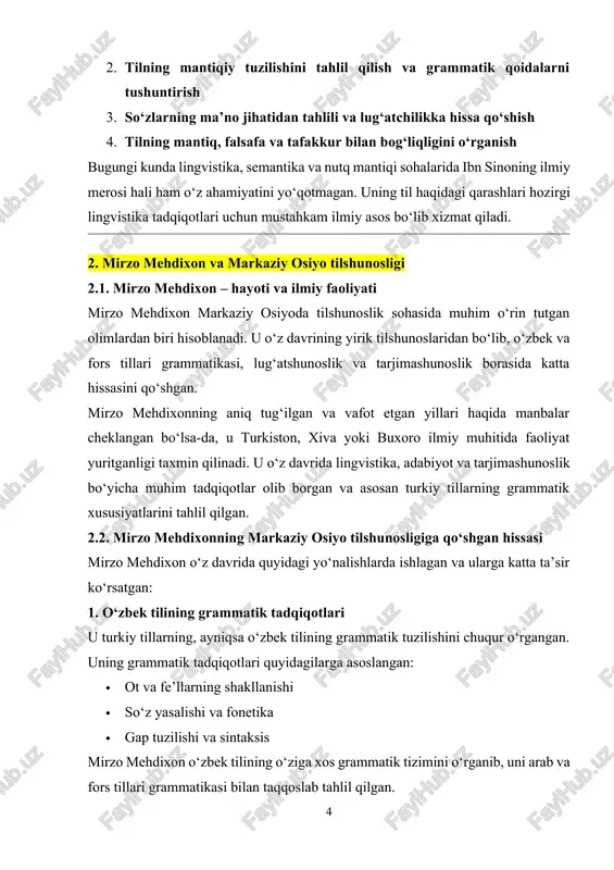uning til haqidagi qarashlari hozirgi lingvistika tadqiqotlari uchun mustahkam ilmiy asos bo‘lib xizmat qiladi. 2. mirzo mehdixon va markaziy osiyo tilshunosligi 2.1. mirzo mehdixon – hayoti va ilmiy faoliyati mirzo mehdixon markaziy osiyoda tilshunoslik sohasida muhim o‘rin tutgan olimlardan biri hisoblanadi. u o‘z davrining yirik tilshunoslaridan bo‘lib, o‘zbek va fors tillari grammatikasi, lug‘atshunoslik va tarjimashunoslik borasida katta hissasini qo‘shgan. mirzo mehdixonning aniq tug‘ilgan va vafot etgan yillari haqida manbalar cheklangan bo‘lsa-da, u turkiston, xiva yoki buxoro ilmiy muhitida faoliyat yuritganligi taxmin qilinadi. u o‘z davrida lingvistika, adabiyot va tarjimashunoslik bo‘yicha muhim tadqiqotlar olib borgan va asosan turkiy tillarning grammatik xususiyatlarini tahlil qilgan. 2.2. mirzo mehdixonning markaziy osiyo tilshunosligiga qo‘shgan hissasi mirzo mehdixon o‘z davrida quyidagi yo‘nalishlarda ishlagan va ularga katta ta’sir ko‘rsatgan: 1. o‘zbek tilining grammatik tadqiqotlari u turkiy tillarning, ayniqsa o‘zbek tilining grammatik tuzilishini chuqur o‘rgangan. uning grammatik tadqiqotlari quyidagilarga asoslangan: · ot va fe’llarning shakllanishi · so‘z yasalishi …