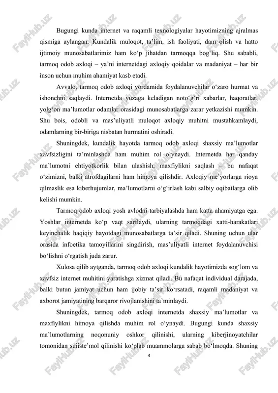 boshqaruvida ham muhim ahamiyat kasb etadi. onlayn xizmatlar, elektron tijorat va masofaviy ta’limning rivojlanishi bilan foydalanuvchilar va tashkilotlar o‘rtasida ishonchni mustahkamlash kerak bo‘ladi. tarmoq odob axloqiga rioya qilish – bu nafaqat shaxsiy, balki kasbiy obro‘ni saqlashning ham muhim qismidir. shu bilan birga, tarmoq odob axloqi raqamli madaniyatning rivojlanishiga katta hissa qo‘shadi. axborot jamiyati doimiy ravishda yangilanib, o‘zgarib boradi. xulosa qilib aytganda, tarmoq odob axloqi kundalik hayotimizda internet muhitini sog‘lom, xavfsiz va samarali qilish uchun zarurdir. bu tamoyillar nafaqat shaxsiy darajada, balki butun jamiyatning raqamli madaniyatini rivojlantirishda muhim rol o‘ynaydi. tarmoq odob axloqini bilish va unga rioya qilish orqali biz internetdan foydalanganimizda o‘zimizni, oilamizni, do‘stlarimizni va jamiyatni himoya qilamiz hamda axborot texnologiyalarining ijobiy tomonlarini maksimal darajada qo‘llash imkonini yaratamiz. 2. tarmoq odob axloqiga rioya qilish usullari va maslahatlar internet va raqamli tarmoqlarda madaniyatli, odobli va mas’uliyatli harakat qilish – bugungi kunda har bir foydalanuvchi uchun muhim talabga aylanmoqda. tarmoq odob axloqiga …