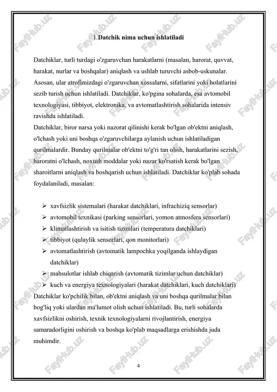 pir sensorlarning asosiy farqlari potentsiometr va pir sensorlarning asosiy farqlari quyidagicha: funksiyalari: potentsiometr, elektrikali xossalari orqali tarmoqni o'zgartirish uchun ishlatiladi va o'lchamni o'zgartirishda qo'llaniladi. bu datchik, voltajni o'zgartirish orqali boshqa qurilmalar yoki apparatlar bilan aloqani o'zgartirish uchun foydalaniladi. pir sensor esa harakatni aniqlashda ishlatiladi. u infrachiziq (harorat) nurlarni sezib turadi va odam yoki hayvonning harakatlarini aniqlash uchun ishlatiladi. qo'llanish joyi: potentsiometrlar ko'pgina elektronik qurilmalarda, boshqarish panelida va parametrlarni o'zgartirish uchun qo'llaniladi. pir sensorlar esa xavfsizlik tizimlarida, osongina avtomatisatsiya va harakatni kuzatish loyihalarida qo'llaniladi. tarmoq: potentsiometr tarmoqni o'zgartirish yoki boshqarishga yordam beradi, bunga qarab voltajni o'zgartiradi. pir sensor esa infrachiziq nurlarni sezib turadi va harakatni aniqlashda ishlatiladi. foydalanish sohalarining xilma-xilligi: potentsiometr elektronika sohasida intensiv ravishda qo'llaniladi, masalan, ifloslanadigan termostatlar, muzlatgichlar va boshqa boshqarish tizimlarida. pir sensorlar esa xavfsizlik tizimlarida, avtomobillarning xalqaro jozibador nazorati va avtomatisatsiya tizimlarida foydalaniladi. ularning asosiy farqlari esa vazifalari, qo'llanish joyi, tarmoqi va foydalanish sohalarining xilma-xilligidir. 4. potentsiometr …