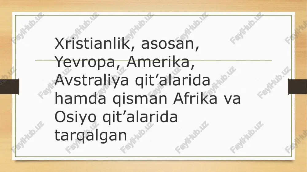 ristianlik yahudiy muhitida yuzaga kelgan. bu esa xristianlikning yahudiylikdan ko'p jihatdan ta'sirlanishiga sabab boʻldi. xristianlikning asosiy g'oyasi - isoning odamzodning xaloskori <<messiya» ekanligi yahudiylikda mavjud boʻlib, oxiratga yaqin kelishi kutilayotgan xaloskor haqidagi ta'limotdan kelib chiqqandir. etiboringiz uchun rahmat. image5.png image6.png image3.png image4.png /docprops/thumbnail.jpeg
