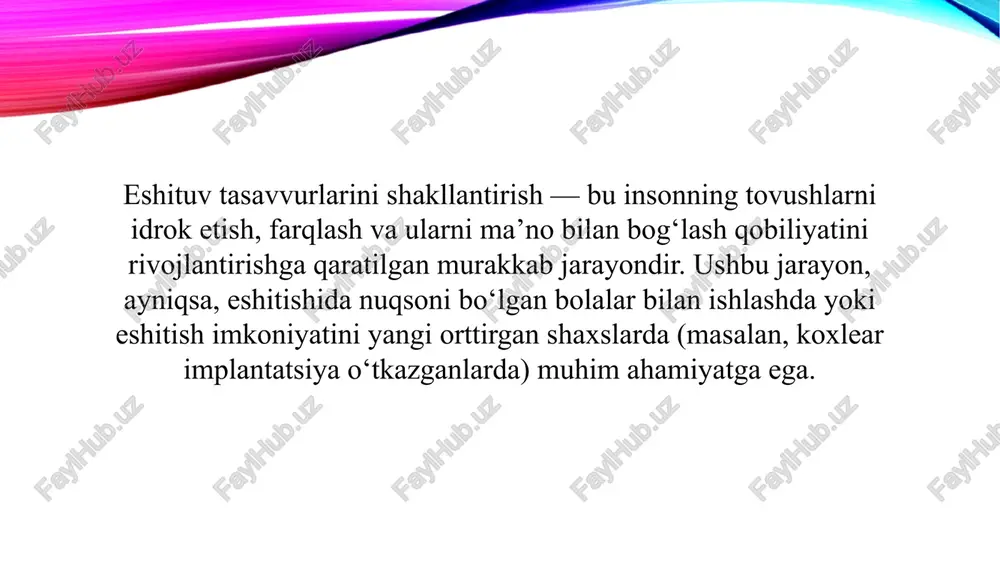 rning eshitish darajasi va individual xususiyatlariga qarab metodlarni tanlash. texnologiyalarning integratsion ta’siri logopedik va pedagogik texnologiyalar birgalikda qo‘llanilganda, eshituv ko‘nikmalarini rivojlantirish jarayoni samarali kechadi. bu integratsiya bolalarda tovushni eshitish, anglash, talaffuz qilish va uni ma’noli nutq bilan bog‘lash jarayonini tezlashtiradi. eshituv ko‘nikmalarini rivojlantirishda logopedik va pedagogik texnologiyalarni uyg‘unlashtirish nafaqat nutq rivojiga, balki bolaning ijtimoiy moslashuvi, kommunikativ qobiliyatlari va o‘ziga ishonchini shakllantirishga ham xizmat qiladi. zamonaviy texnologiyalar asosida tashkil etilgan mashg‘ulotlar eshituvni faollashtirish, eshitilgan tovushlarni anglash va to‘g‘ri talaffuz qilishni osonlashtiradi. shu bois, har bir pedagog va logoped bu yo‘nalishda individual yondashuv, muntazam mashg‘ulot va texnologik innovatsiyalarni uyg‘unlashtirgan holda ishlashi zarur. e’tiboringiz uchun rahmat image2.png image3.jpeg image4.jpeg image5.jpeg image6.jpeg image7.jpeg image1.png /docprops/thumbnail.jpeg