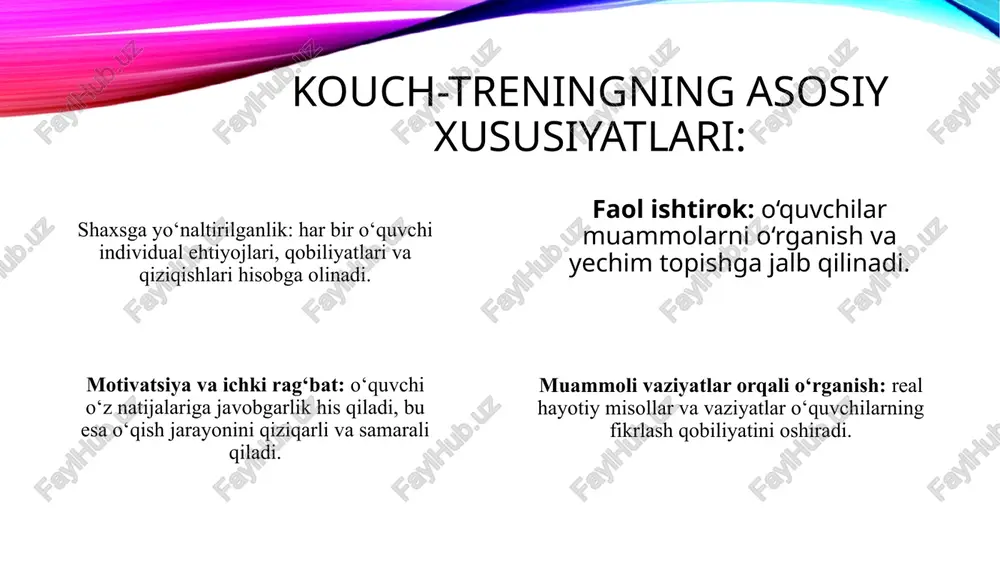 i rag‘batni oshirish. nazorat va tahlil: an’anaviy metod yordamida o‘quvchilarning bilimlarini tartibli nazorat qilish va baholash. kouch-trening orqali o‘quvchilarning ijodiy yechimlarini, muammolarni hal qilish qobiliyatlarini tahlil qilish. moslashuvchanlik va kreativlik: dars jarayonida o‘quvchilarning qiziqishiga qarab metodlarni moslashtirish. kouch-trening elementlari yordamida darsni interaktiv, qiziqarli va samarali qilish. natijaga yo‘naltirilganlik: har ikki metodning kuchli tomonlarini birlashtirib, o‘quvchilar bilim, ko‘nikma va shaxsiy rivojlanishini bir vaqtning o‘zida ta’minlash. o‘quvchilarda mustaqil fikrlash, ijodiy yondashuv va intizomni uyg‘un rivojlantirish. e’tiboringiz uchun rahmat image2.png image1.png /docprops/thumbnail.jpeg
