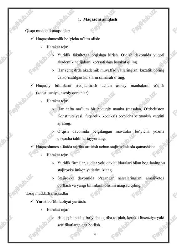 to‘liq o‘rganing va sertifikatlarni qo‘lga kiriting. · konferensiyalar va seminarlarda qatnashish: · mahalliy va xalqaro huquqiy mavzular bo‘yicha o‘tkaziladigan tadbirlarga qatnashish uchun ro‘yxatdan o‘ting. misollar: · advokatlik faoliyati bo‘yicha seminarlar. · "xalqaro huquqdagi dolzarb masalalar" mavzusidagi anjumanlar. · tarmoq yaratish imkoniyatlaridan foydalaning, boshqa huquqshunoslar bilan muloqot qiling. · notiqlik va huquqiy yozuv malakalari: · treninglar: · mahalliy notiqlik markazlarida yoki maxsus treninglarda qatnashib, chiqish qilish malakalarini oshiring. · amaliyot: · munozara klublariga qo‘shilib, qiziqarli huquqiy masalalar bo‘yicha munozaralarda qatnashish. · yozuv malakasini rivojlantirish uchun huquqiy maqolalar yoki qisqacha sharhlar yozing. 3. amaliy tajriba orttirish stajirovka: · yuridik firmalar, davlat organlari yoki sudlarda stajirovka qidiring: · stajirovkaga tayyorlanish: · professional rezyume tayyorlang, unda ta’limingiz, ko‘nikmalaringiz va maqsadlaringiz haqida aniq ma’lumot bering. · xat yozish (cover letter) orqali qiziqishingizni ifodalang va nima uchun mazkur tashkilotda stajirovka qilishni xohlashingizni asoslab bering. · tashkilotlar bilan bog‘lanish: · hududingizdagi yirik yuridik firmalarning veb-saytlarini tekshiring, bo‘sh …