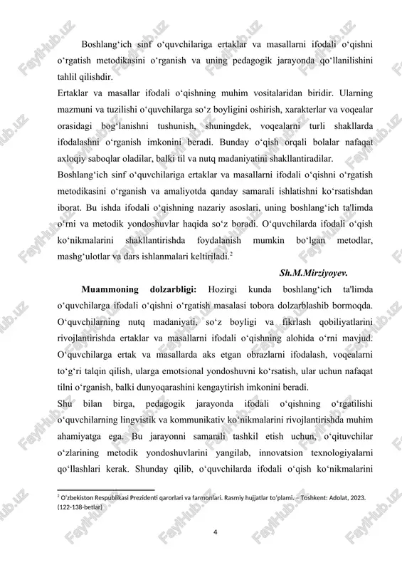 hlil qilishdir. kurs ishida quyidagi vazifalar belgilangan: · ifodali o‘qishning nazariy asoslarini aniqlash va uning pedagogik jarayondagi o‘rni va ahamiyatini o‘rganish. · ertak va masallarni boshlang‘ich sinfda ifodali o‘qishni o‘rgatishda qo‘llaniladigan metodik yondoshuvlarni tahlil qilish. · o‘quvchilarda ifodali o‘qish ko‘nikmalarini shakllantirishda samarali metod va vositalarni belgilash. · boshlang‘ich ta'limda ifodali o‘qishning o‘quvchilarning nutq madaniyati, fikrlash qobiliyati va hissiy rivojlanishiga ta'sirini o‘rganish. bu maqsad va vazifalar asosida, ifodali o‘qish metodikasini yanada samarali tashkil etish uchun yangi pedagogik usullar va texnologiyalarni ishlab chiqish imkoniyatlari ko‘rib chiqiladi. kurs ishining ob’ekti: kurs ishining ob’ekti — boshlang‘ich ta'limda ifodali o‘qish jarayoni va o‘quvchilarga ertaklar va masallarni o‘qishni o‘rgatish faoliyati. bu jarayon o‘quvchilarning nutq madaniyatini, fikrlashini va hissiy rivojlanishini rivojlantirishga xizmat qiladi. o‘quvchilarning ifodali o‘qish ko‘nikmalarini shakllantirishda o‘qituvchining metodik yondoshuvlar, o‘quv materiallari va dars jarayonidagi amaliy faoliyatlar muhim o‘rin tutadi. kurs ishining predmeti: kurs ishining predmeti — boshlang‘ich sinf o‘quvchilariga ertaklar va masallarni ifodali o‘qishni o‘rgatish …