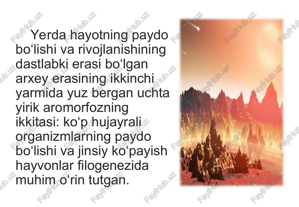 jlangan, ularning xilma-xil vakillari vujudga kelgan va keng tarqalgan. iqlimning sovub ketishi natijasida gigant sudralib yuruvchilar yashash uchun kurash va tabiiy tanlanishda qirilib ketgan. * qushlarning asosiy harakati - uchish bilan bog‘liq holda muayyan evolutsion o‘zgarishlar vujudga kelgan. qushlarning gavdasi suyri shaklda, oldingi oyoqlari uchish organi - qanotga aylangan, skeletida toj suyagi yuzaga kelgan. * dastlabki sutemizuvchilarning vakillari mezozoy erasida yashagan sudralib yuruvchilardan kelib chiqqan. sutemizuvchilar issiqqonli bo‘lishi tufayli sudralib yuruvchilar, suvda hamda quruqlikda yashovchilar uchun noqulay bo'lgan sharoitda ham yashash imkoniyatiga ega bo'lgan. * uyga vazifa. darslikdagi berilgan mavzuni o`qib o`rganib, berilgan savollarga javob yozing. * *
